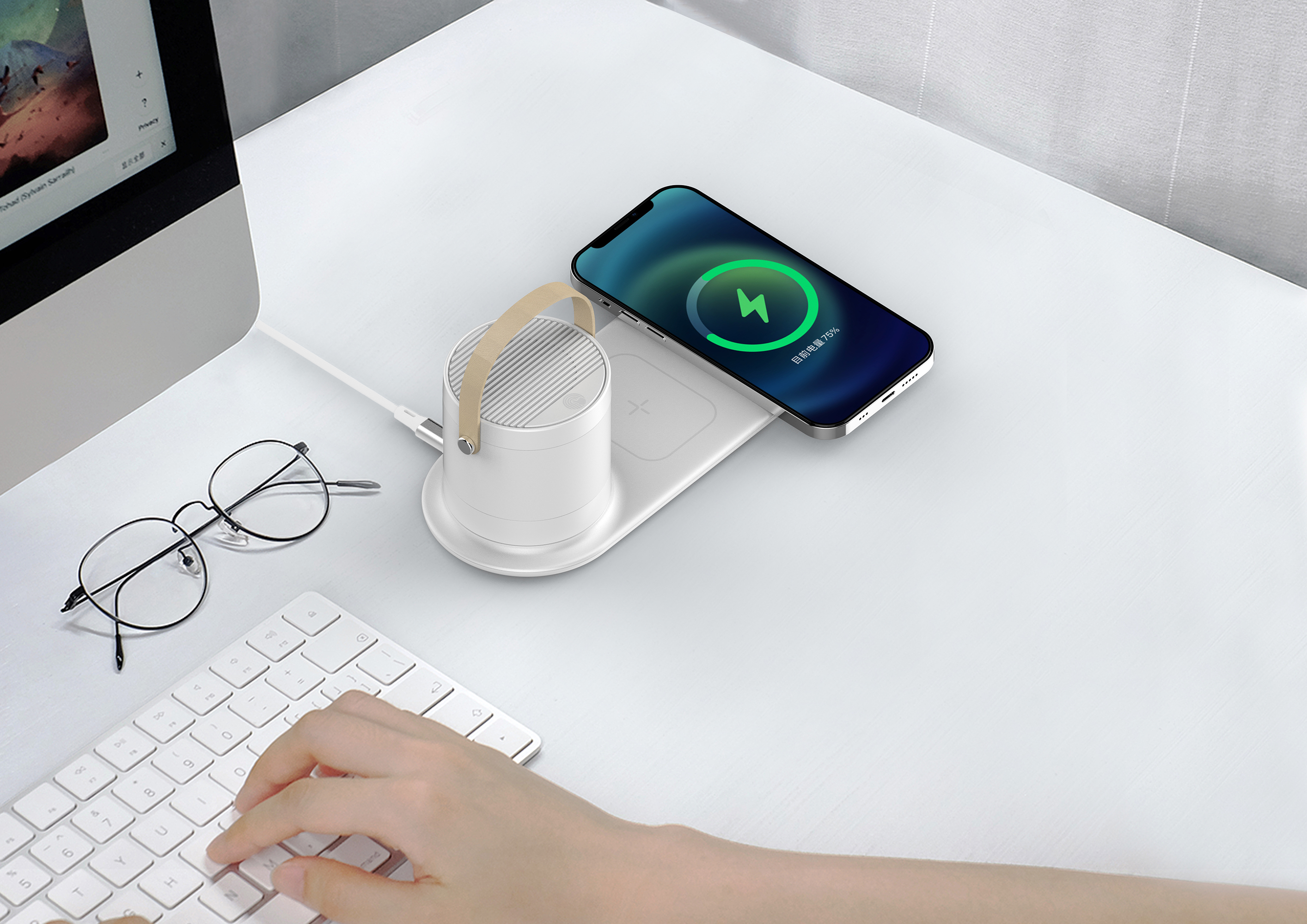 Настольная беспроводная (15W) зарядная станция "Smart Home" с bluetooth колонкой-лампой, цвет белый