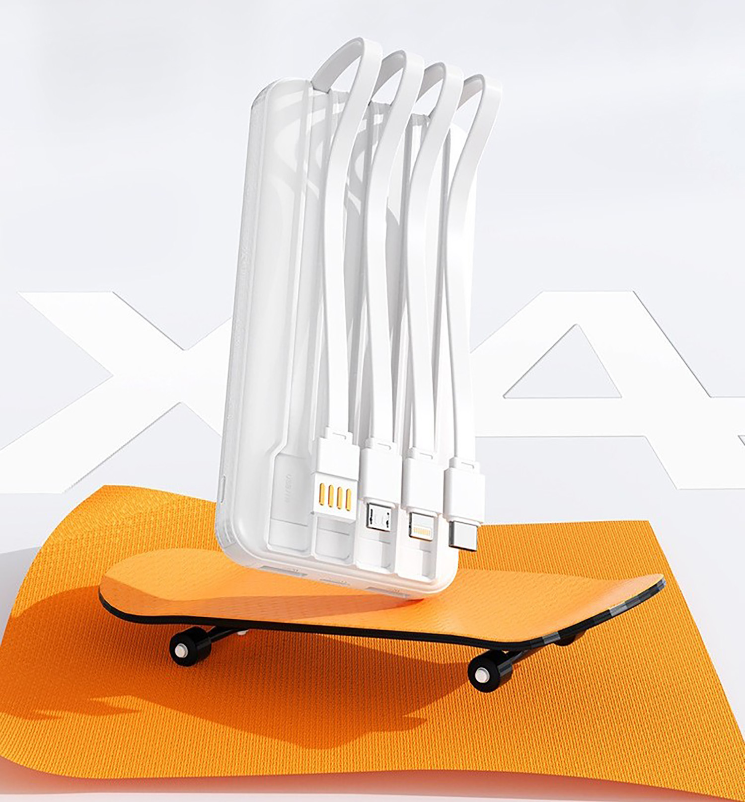 Зарядное устройство "Phantom" 10000 mAh с 4мя встроенными кабелями и цифровым индикатором заряда, цвет белый