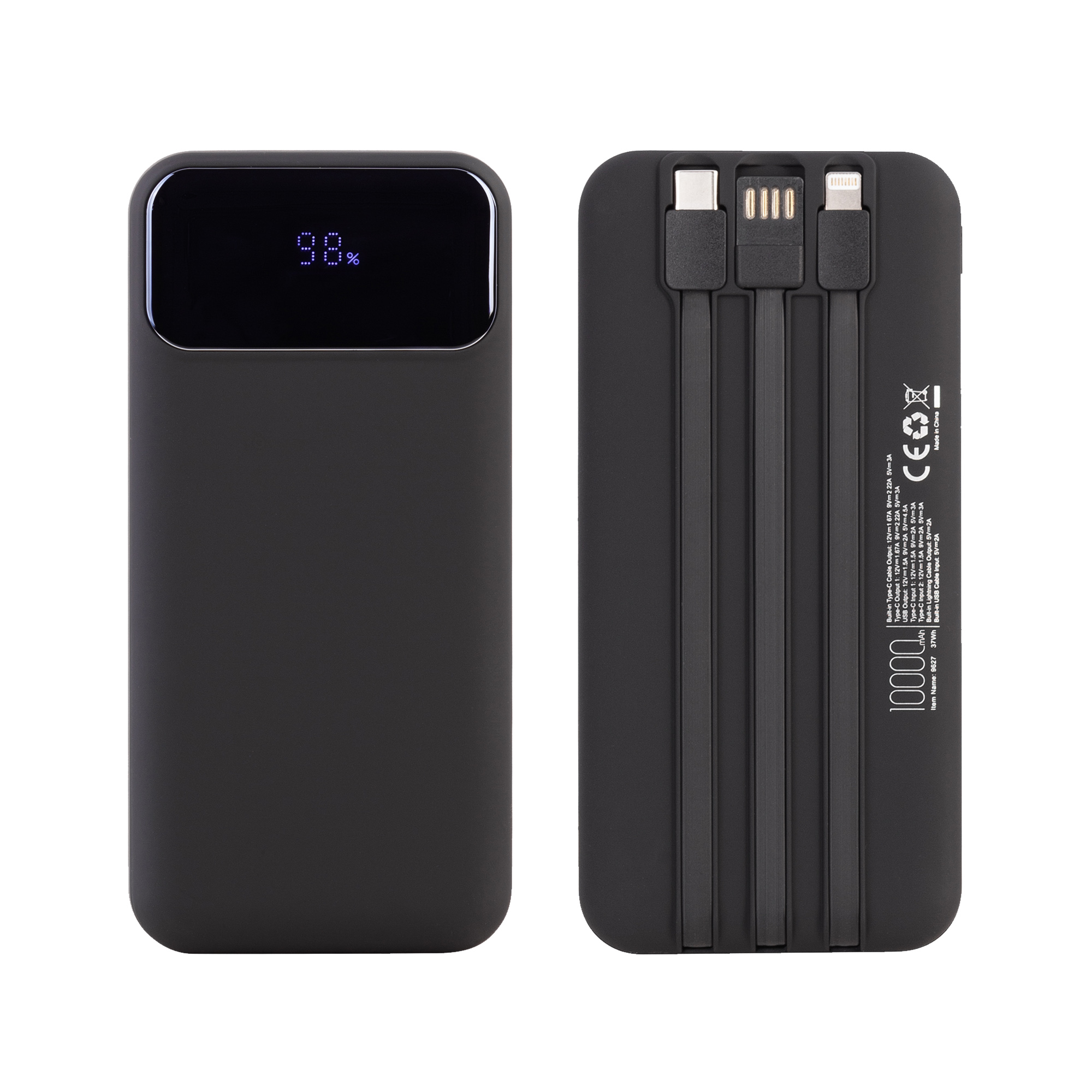 Зарядное (22.5W) устройство "Grade SOFTTOUCH" 10000 mAh с подсветкой логотипа, встроенными кабелями и цифровым индикатором заряда, цвет черный