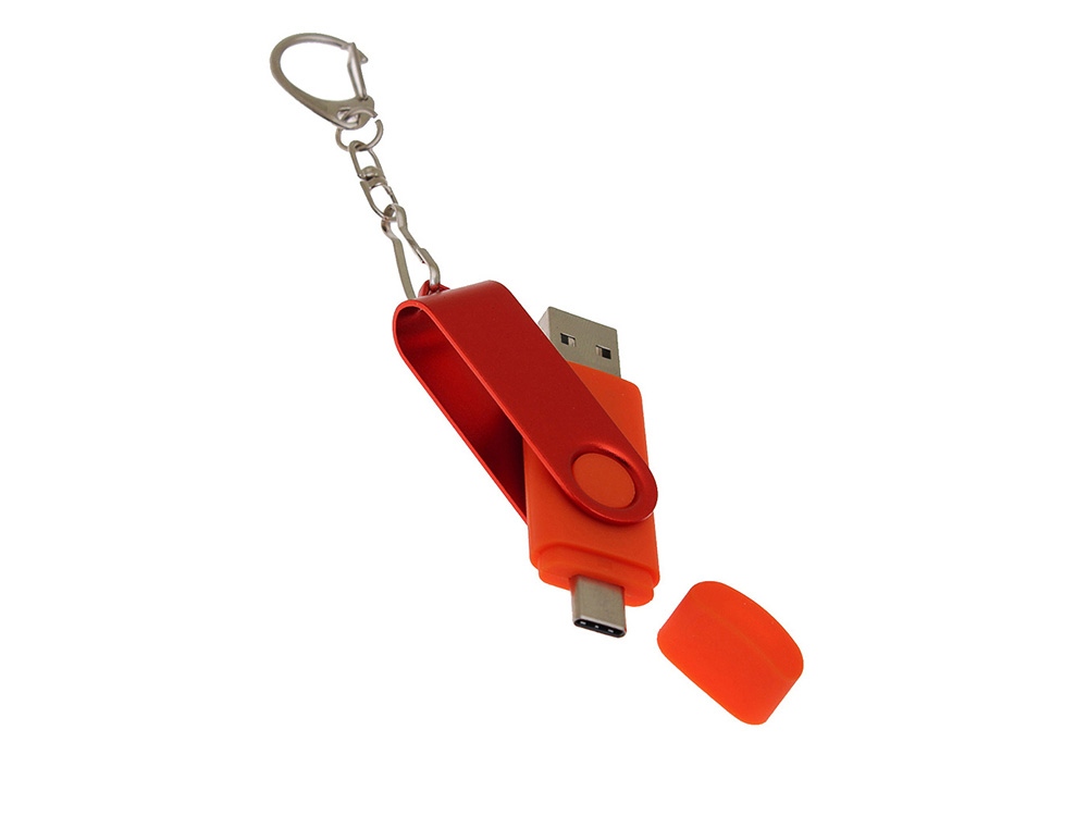 USB-флешка на 32 Гб 2 в 1 поворотный механизм, c дополнительным разъемом Type-C с одноцветным металлическим клипом, красный
