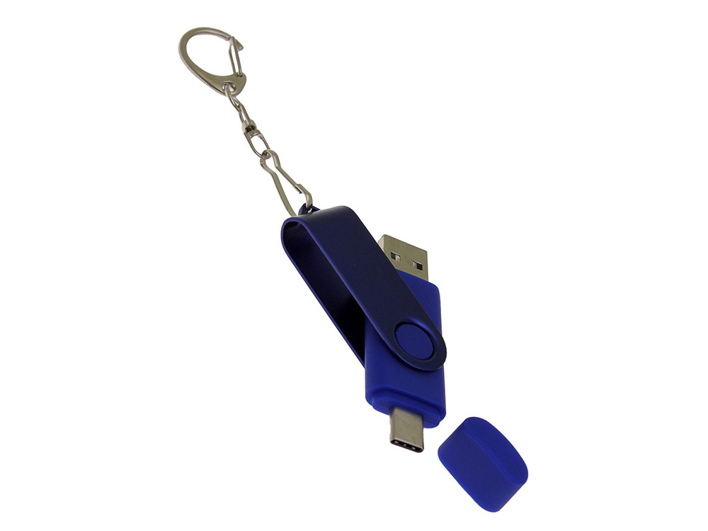 USB-флешка на 64 Гб 2 в 1 поворотный механизм, c дополнительным разъемом Type-C с одноцветным металлическим клипом, синий