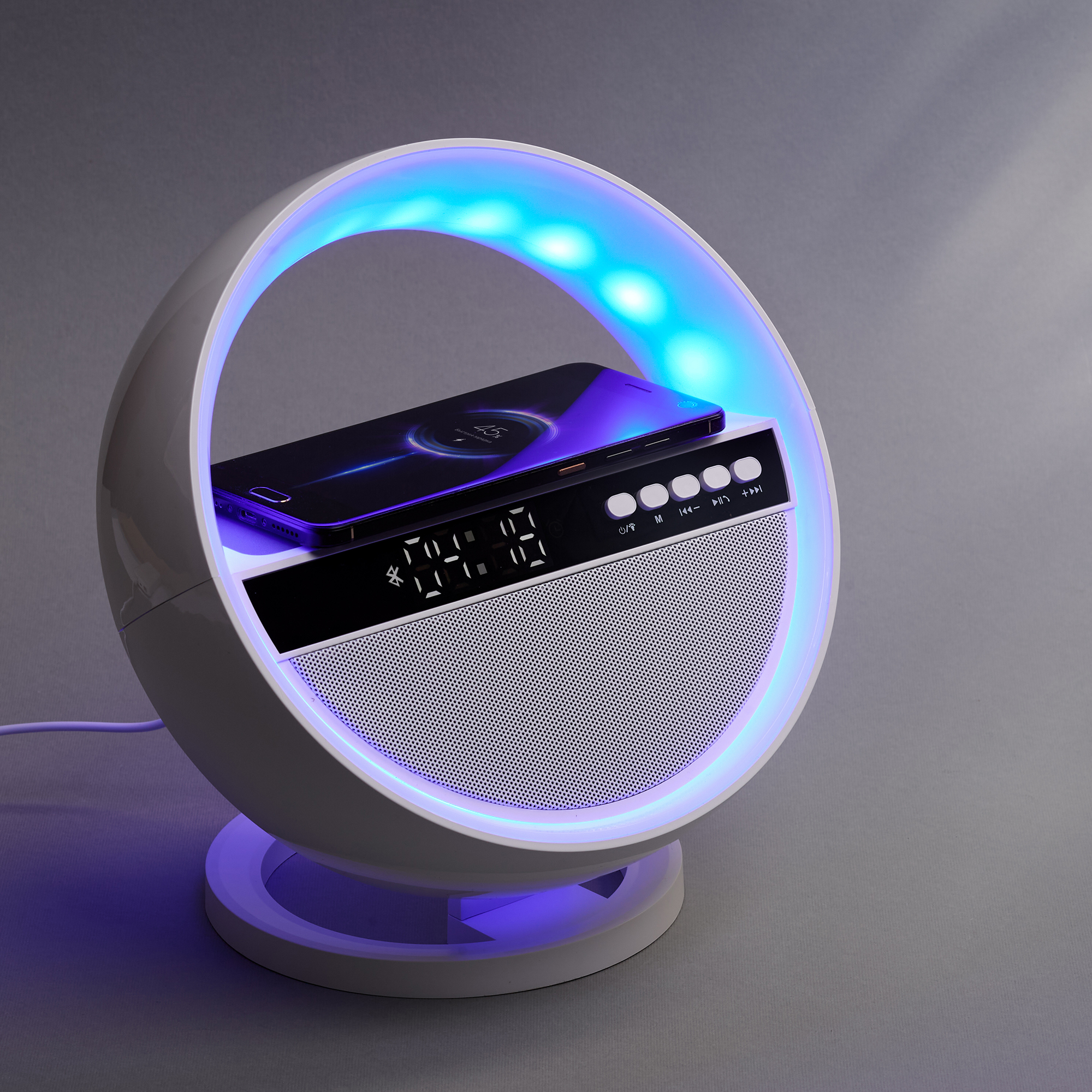 Bluetooth колонка "Smart Orb" 5Вт с беспроводным (15W) ЗУ, лампой, часами, FM радио, цвет белый