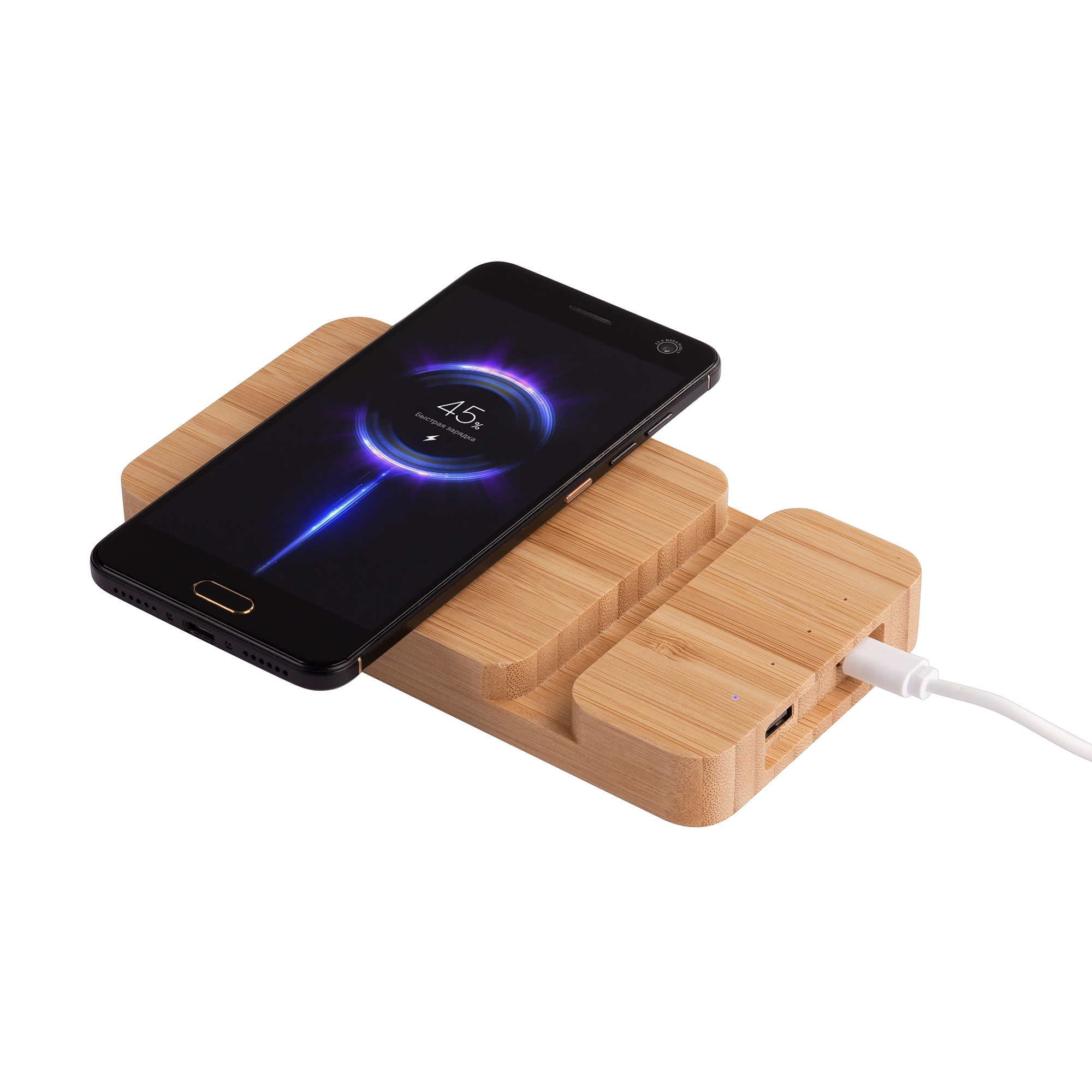 Беспроводное (10W) зарядное устройство "Bamboo Power" 5000 mAh с подставкой под смартфон, бамбук, цвет бежевый