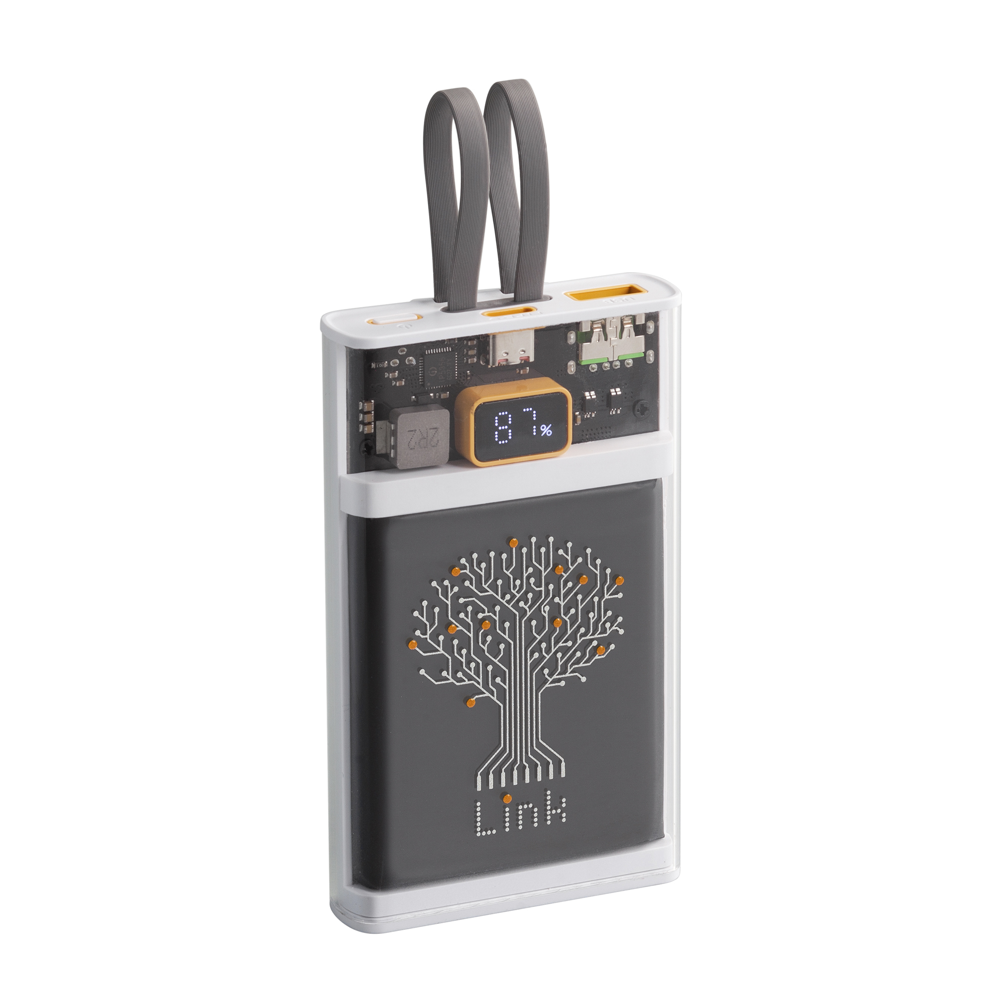 Зарядное (22.5W) устройство "Link" 10000 mAh с прозрачным корпусом, цифровым индикатором заряда и встроенными Type-C/Lightning кабелями, цвет белый/черный