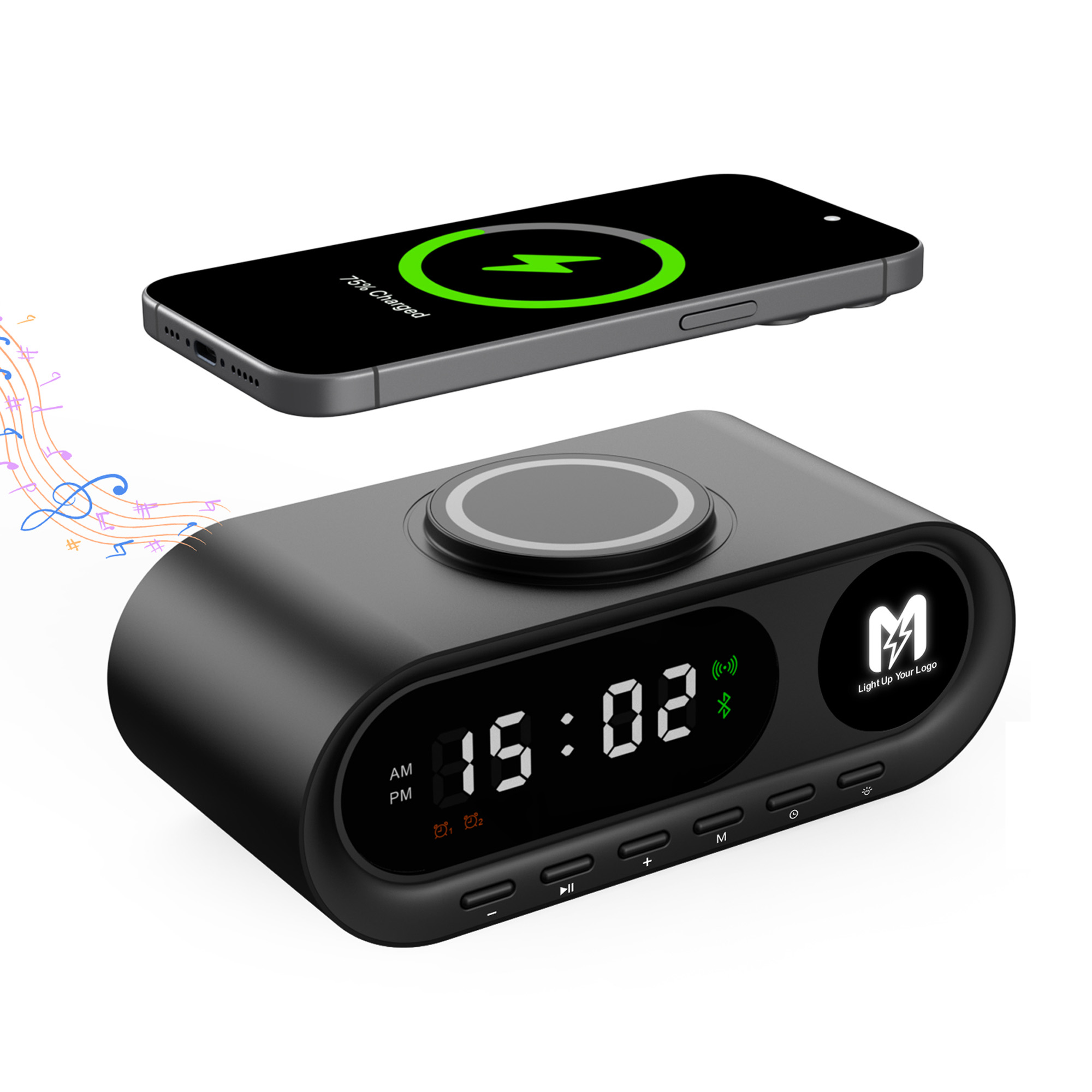 Настольные часы "Smart Hub" с bluetooth колонкой 5Вт, беспроводной (15W) зарядкой и подсветкой логотипа, цвет черный