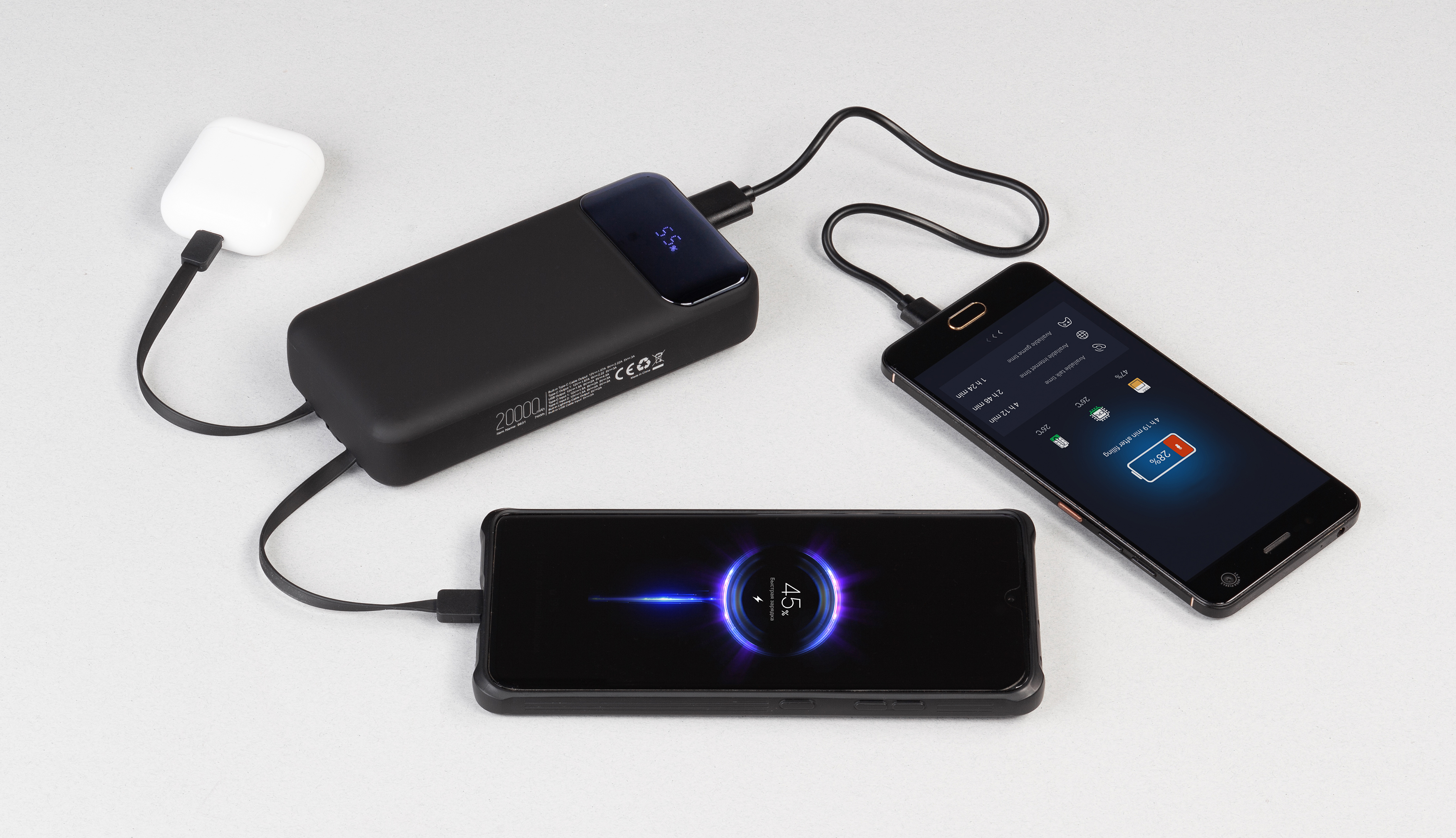 Зарядное (22.5W) устройство "Top Grade SOFTTOUCH" 20000 mAh с подсветкой логотипа, встроенными кабелями и цифровым индикатором заряда, цвет черный