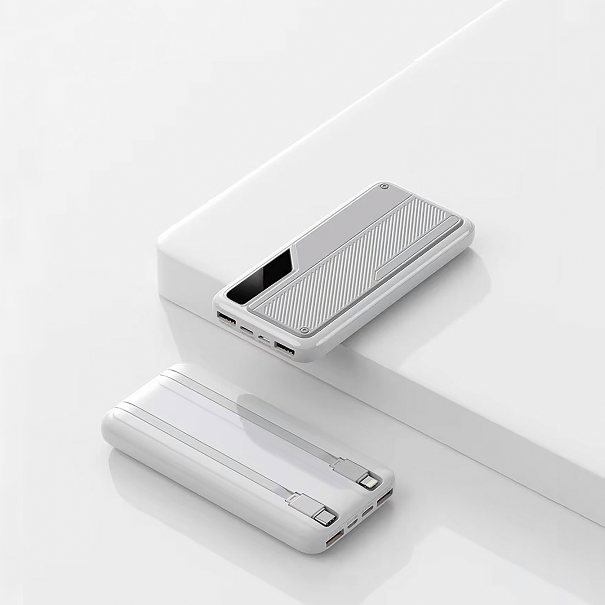 Зарядное устройство "Connect" 10000 mAh со встроенными Type-C/Lightning кабелями, цвет белый с серым