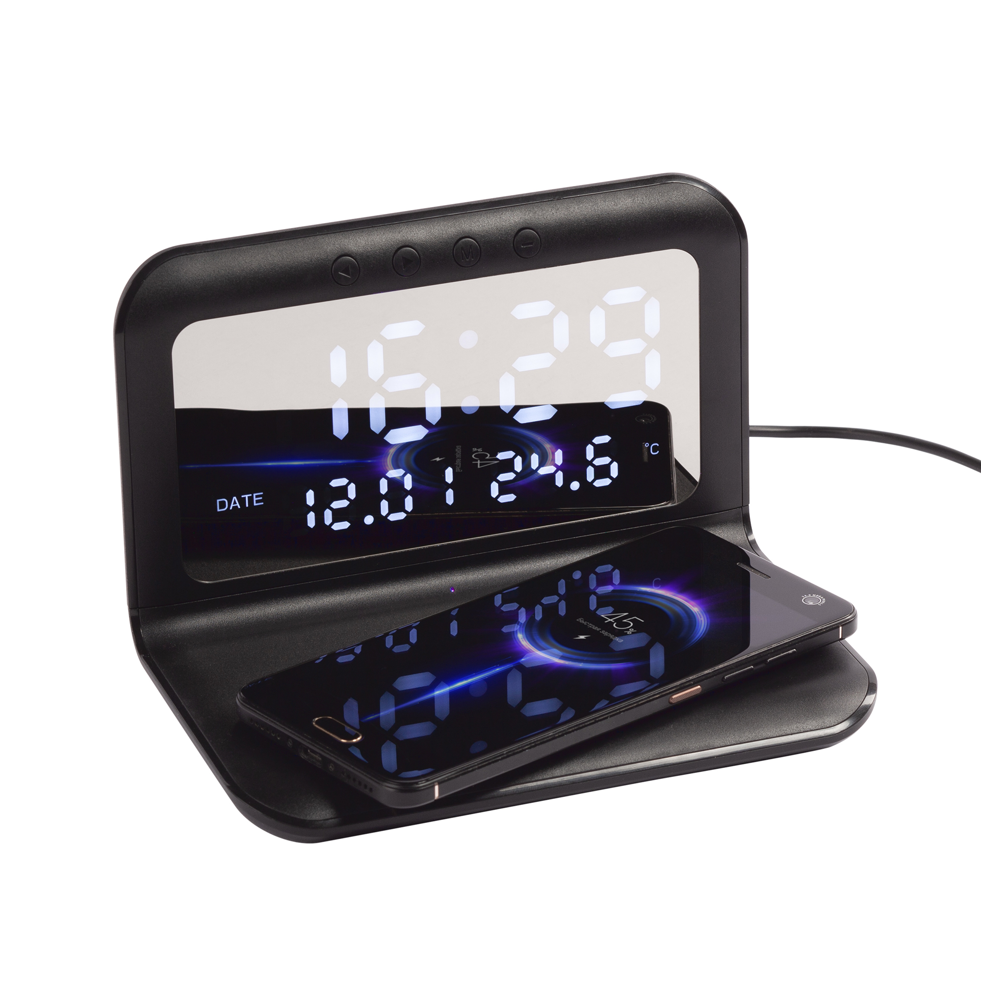 Настольные часы "Smart Time" с беспроводным (15W) зарядным устройством, будильником и термометром, со съёмным дисплеем, цвет черный