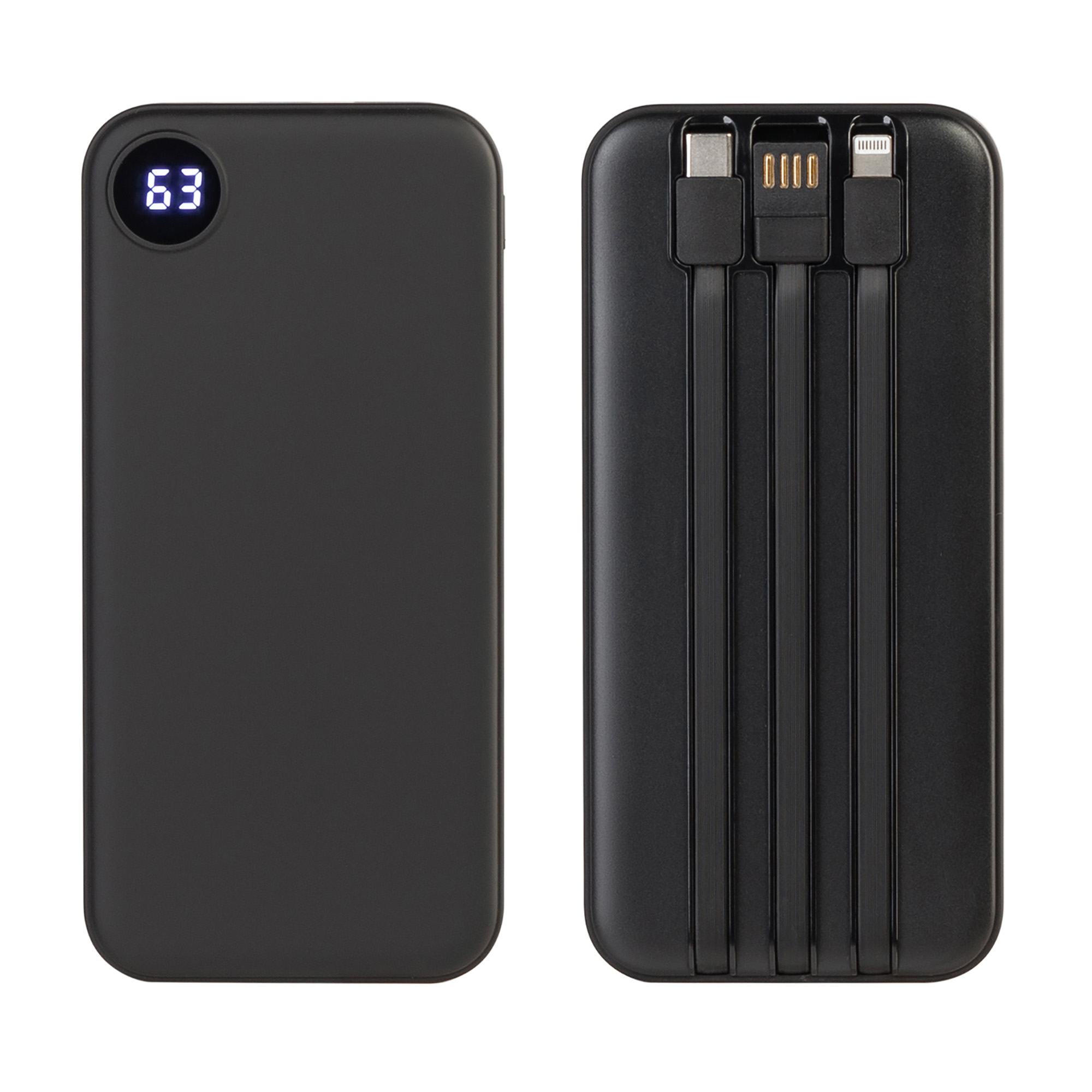 Зарядное устройство "Форт" 10000 mAh с подсветкой логотипа, встроенными кабелями и цифровым индикатором заряда, цвет черный