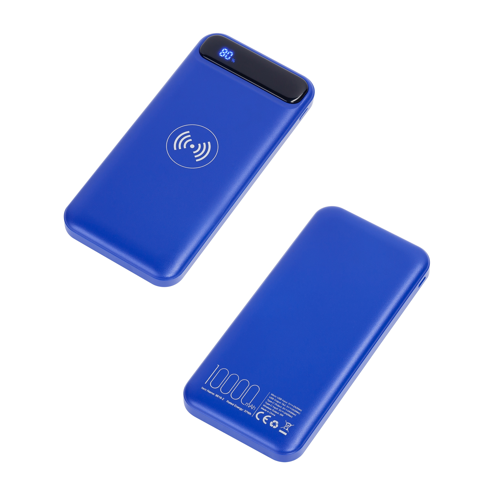 Беспроводное зарядное устройство "Quantum", 10000 mAh с цифровым индикатором заряда, цвет синий