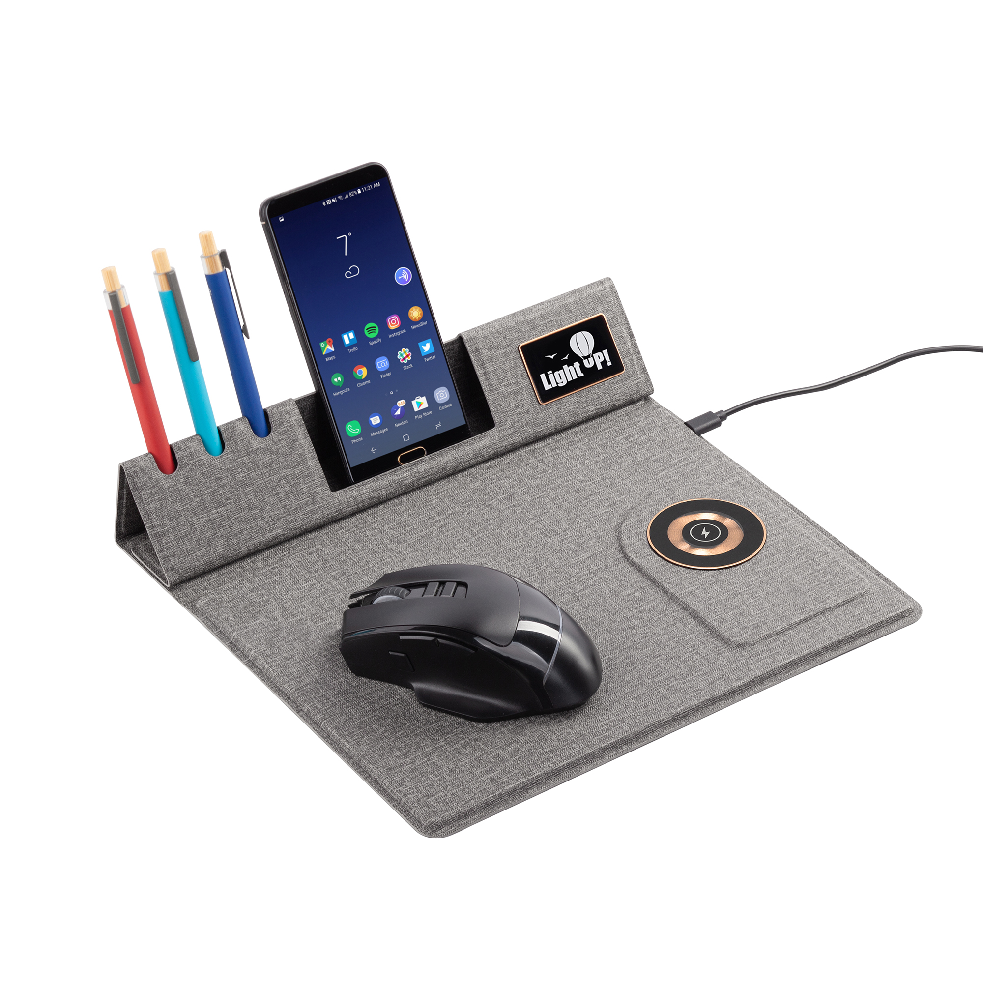Настольная складная подставка "Cool Mat" с беспроводным (15W) ЗУ, сенсорной подсветкой логотипа, функцией MagSafe и ковриком для мыши, цвет серый