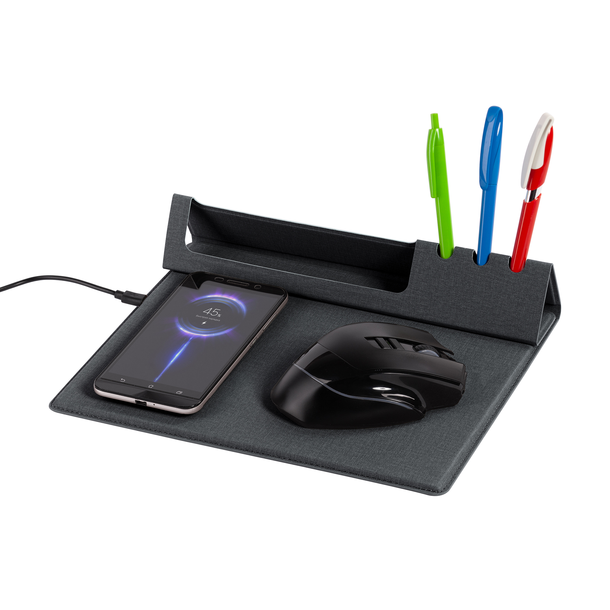 Настольная складная подставка "Cool Desk" с беспроводным (10W) зарядным устройством и ковриком для мыши, цвет темно-серый