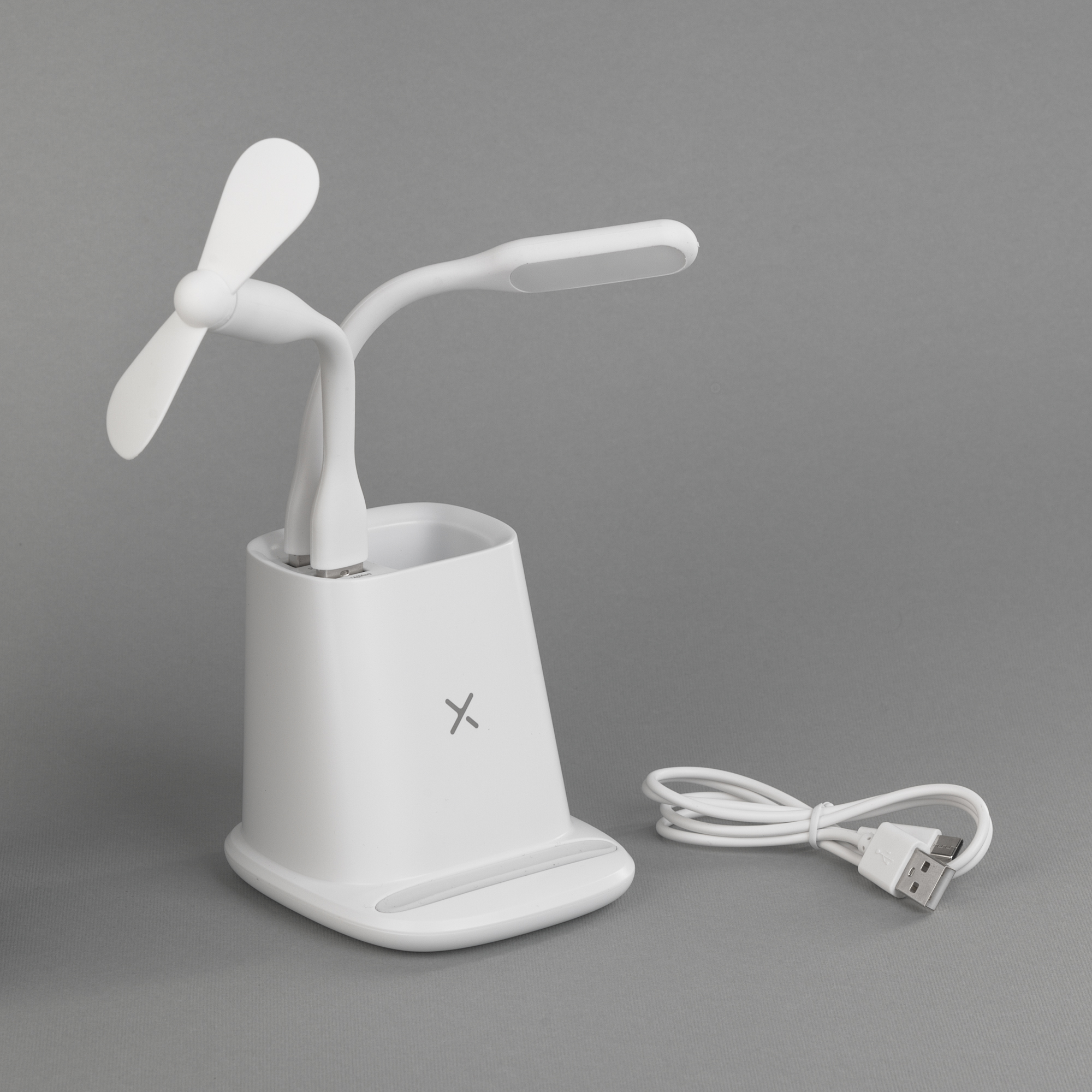 Карандашница "Smart Stand" с беспроводным зарядным устройством, вентилятором и лампой (2USB разъёма), цвет белый