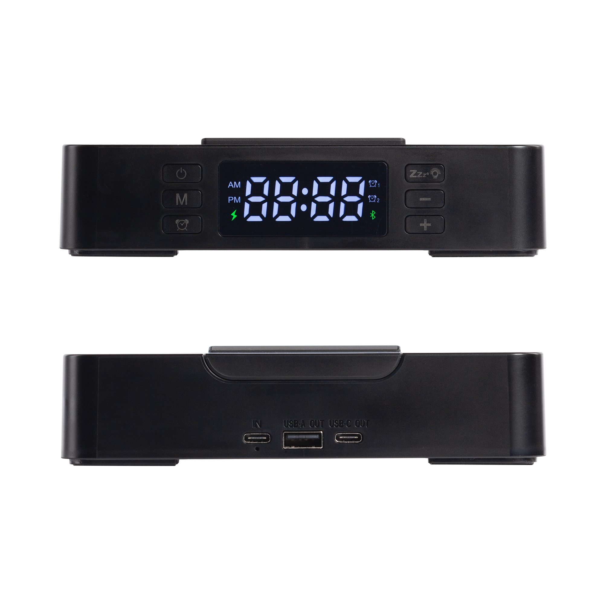 Настольные часы "Smart Box" с bluetooth колонкой (2х3Вт), беспроводным (15W) зарядным устройством и складной подставкой под смартфон, цвет черный