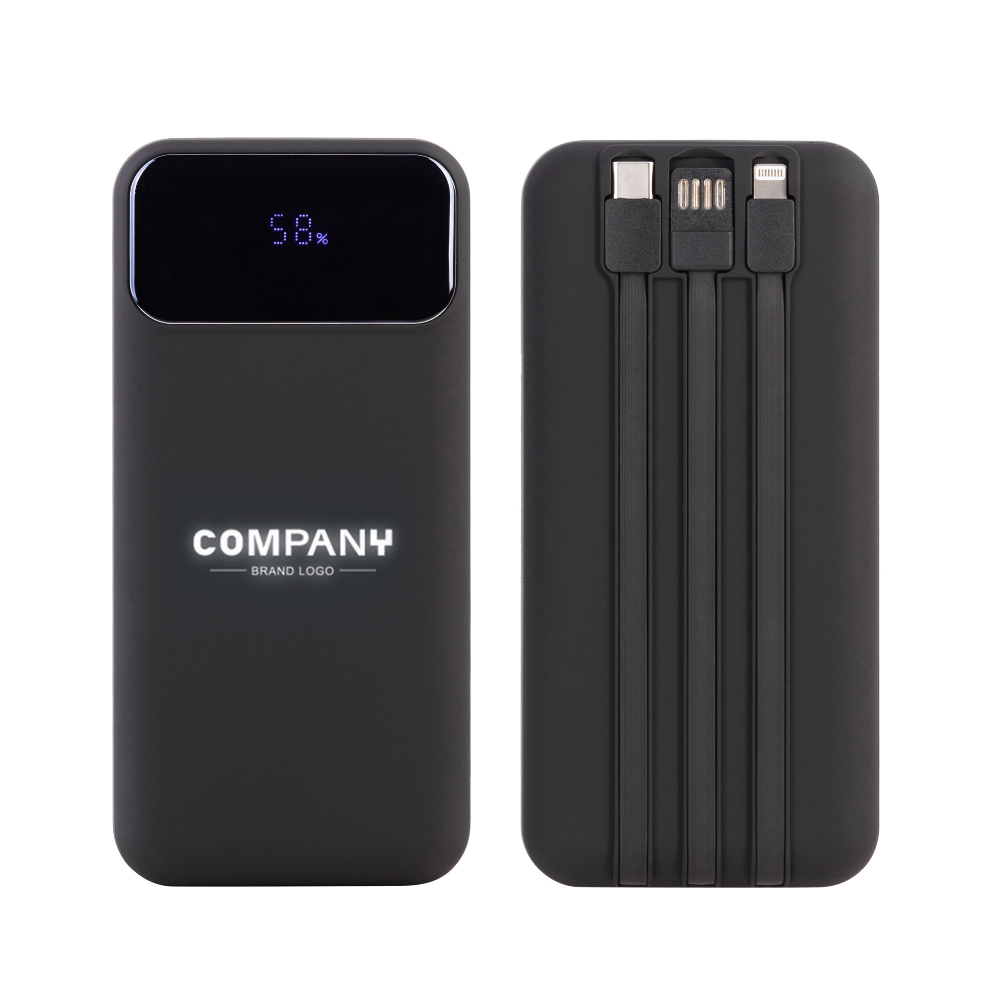 Зарядное (22.5W) устройство "Top Grade SOFTTOUCH" 20000 mAh с подсветкой логотипа, встроенными кабелями и цифровым индикатором заряда, цвет черный