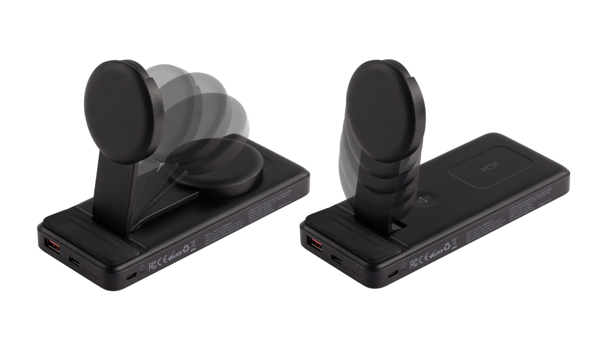 Беспроводная зарядная (20W/15W) станция-пауэрбэнк "Slider" 10000 mAh для смартфонов, наушников, часов, с подвижным зарядным блоком, цвет черный