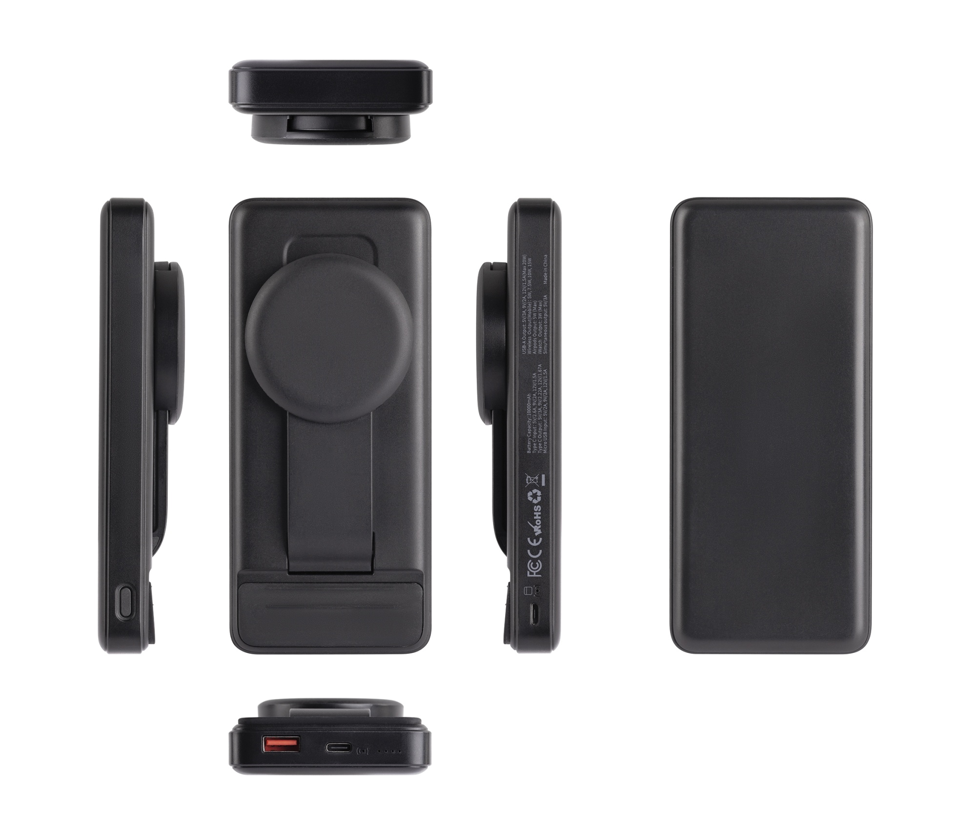 Беспроводная зарядная (20W/15W) станция-пауэрбэнк "Slider" 10000 mAh для смартфонов, наушников, часов, с подвижным зарядным блоком, цвет черный
