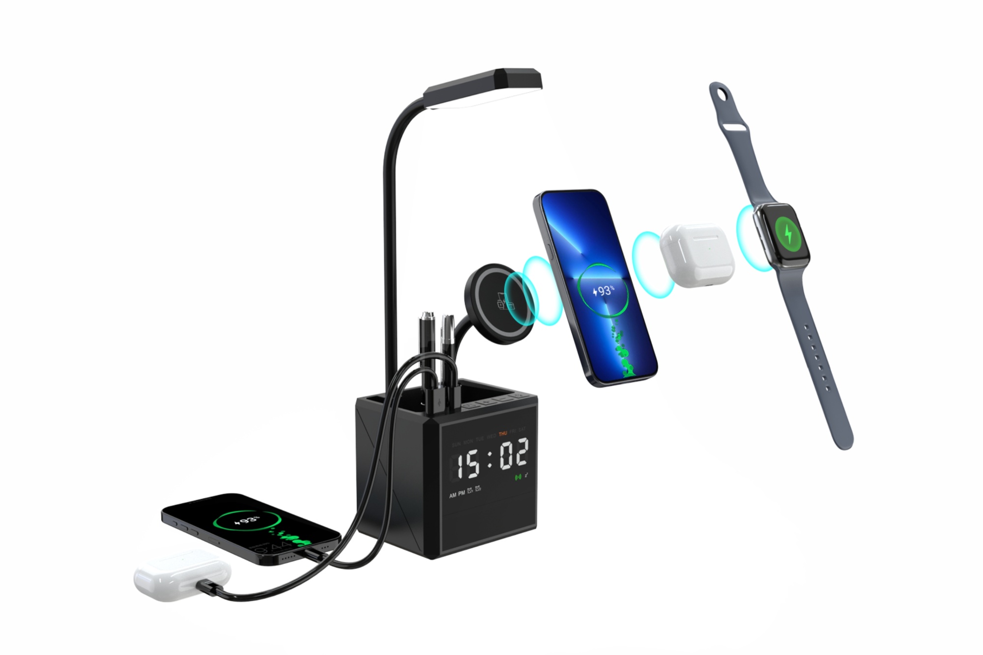 Лампа "Smart Flex" с беспроводным 3в1 (15W) ЗУ с MagSafe, часами, карандашницей и подсветкой логотипа, цвет черный
