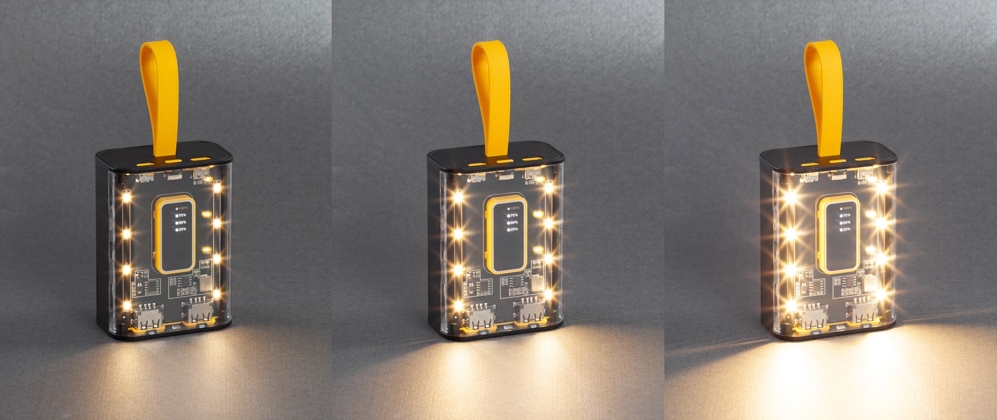 Зарядное устройство "Shine" 9000 mAh с LED-подсветкой, встроенными кабелями Type-C/Lightning/USB, цвет черный с желтым