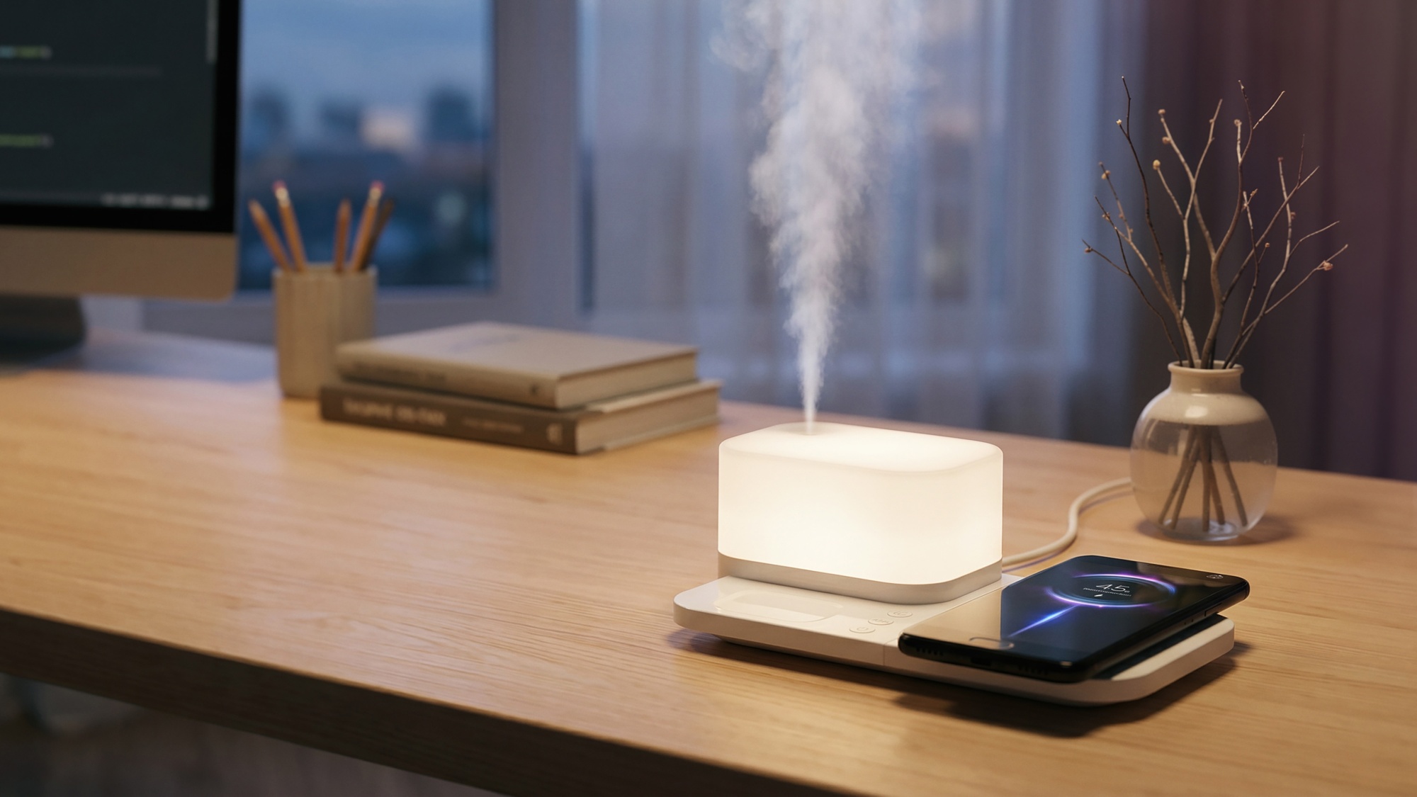 Настольная беспроводная (15W) зарядная станция  "Smart Base" с увлажнителем и лампой, цвет белый