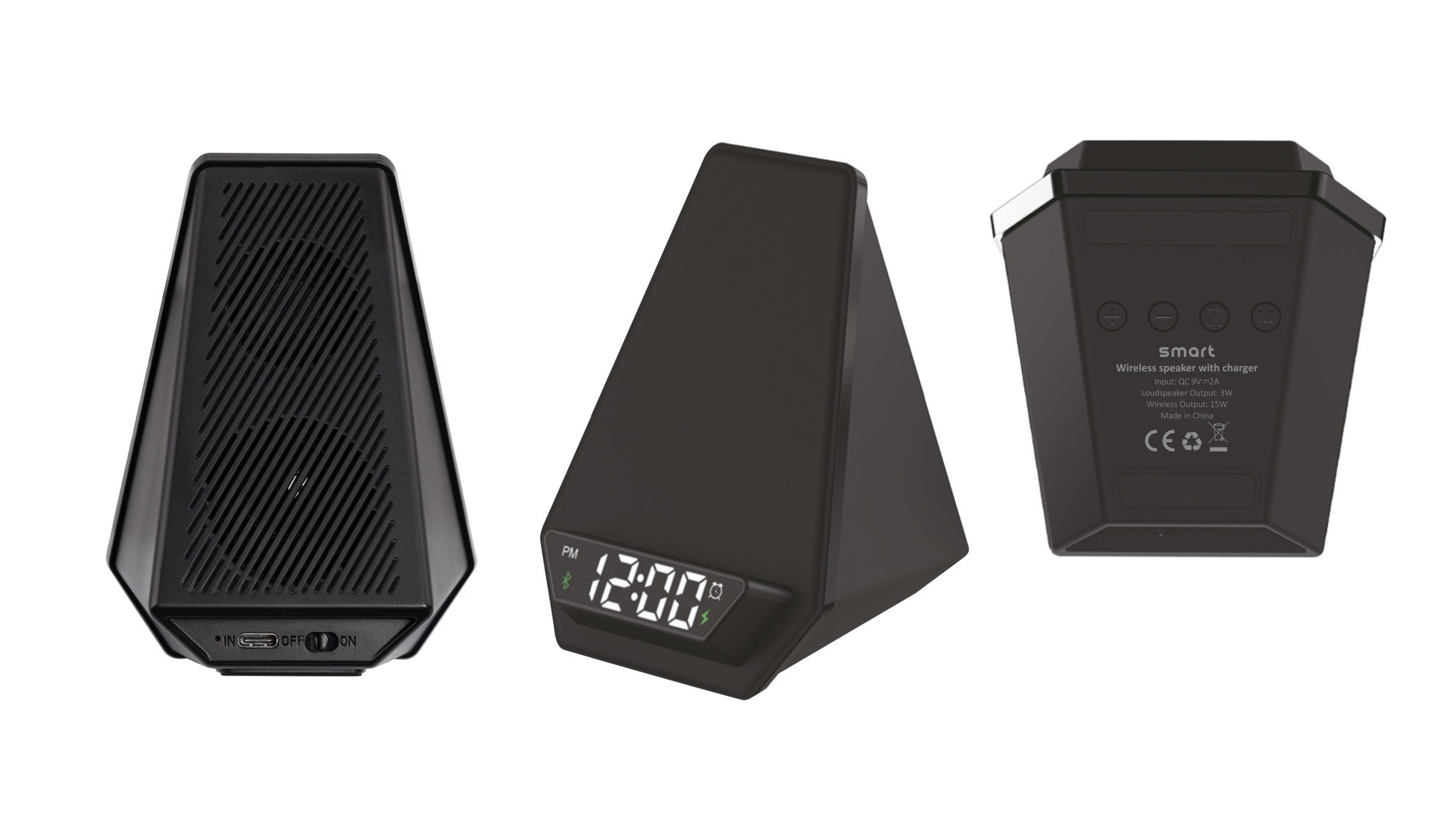 Настольная Bluetooth колонка (3Вт) "Smart Pyramid" с часами и беспроводным (15W) зарядным устройством, с подсветкой логотипа, цвет черный