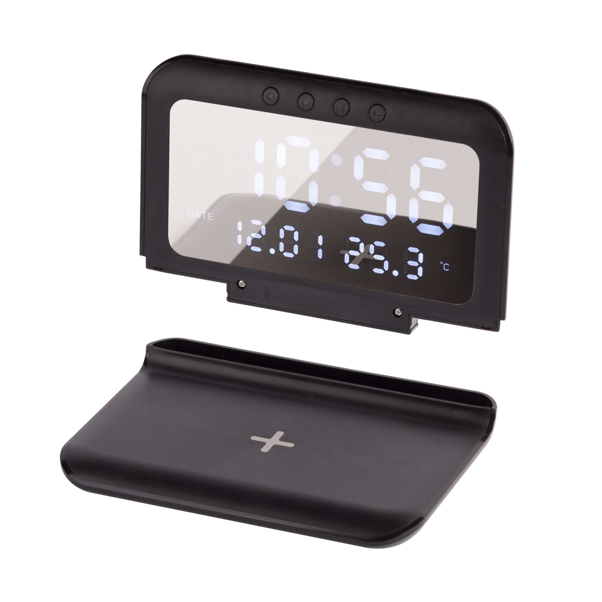 Настольные часы "Smart Time" с беспроводным (15W) зарядным устройством, будильником и термометром, со съёмным дисплеем, цвет черный