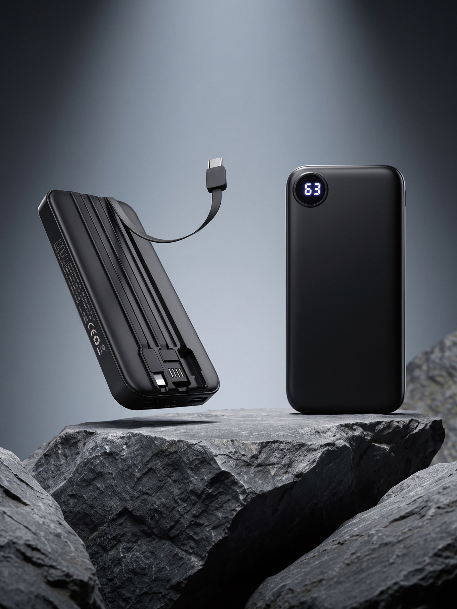 Зарядное устройство "Форт" 10000 mAh с подсветкой логотипа, встроенными кабелями и цифровым индикатором заряда, цвет черный