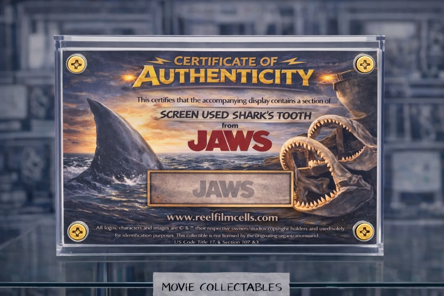 Screen-Used Shark Tooth – Jaws Movie Prop Display – Authentic Film With COA, image 2