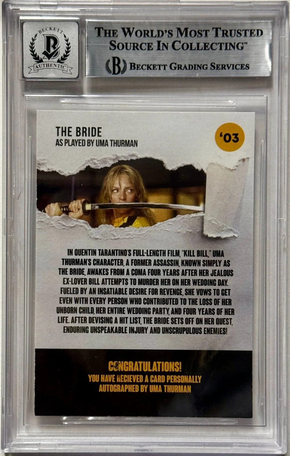 Uma Thurman — Uma Thurman Signed Kill Bill Custom Trading Card Beckett Witnessed Auto Grade 10, image 5