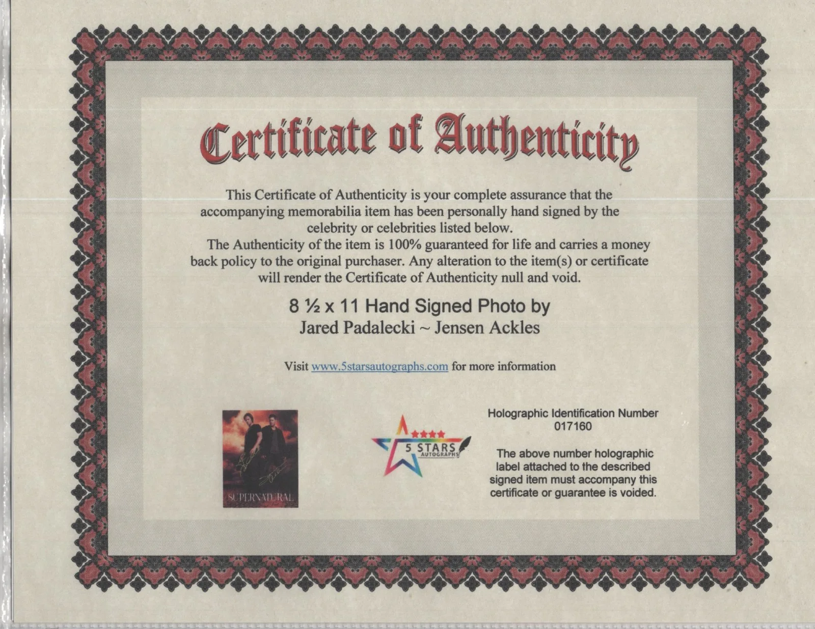 SUPERNATURAL TV CAST STARS AUTOGRAPHED 8 1/2 X 11 COLOR PHOTO / COA, image 2
