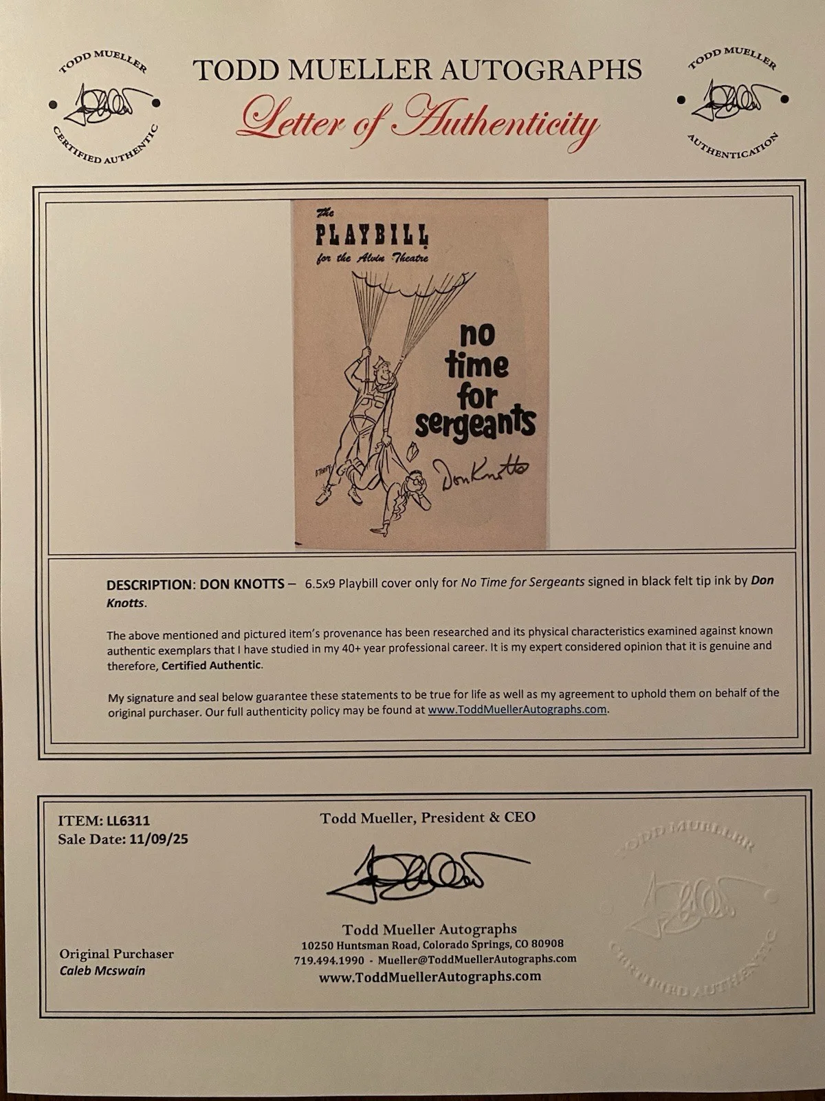 Don Knotts — Don Knotts Signed Autographed Playbill No Time For Sergeants With COA RARE, image 4