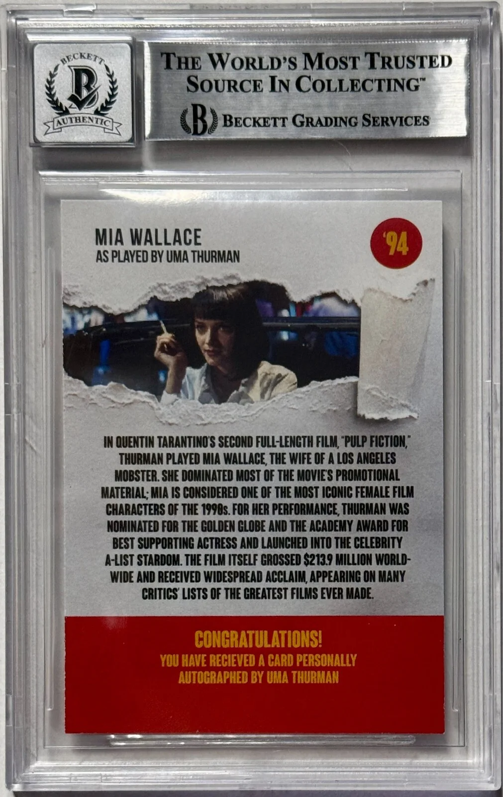 Uma Thurman — Uma Thurman Signed Pulp Fiction Custom Trading Card Beckett Witnessed Auto 10, image 2