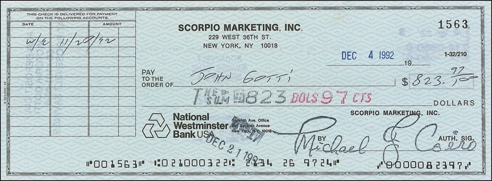 JOHN GOTTI — JOHN GOTTI CANCELLED CHECK 8.5X11 SIGNED PHOTO AUTOGRAPH WANTED POSTER SIGNATURE