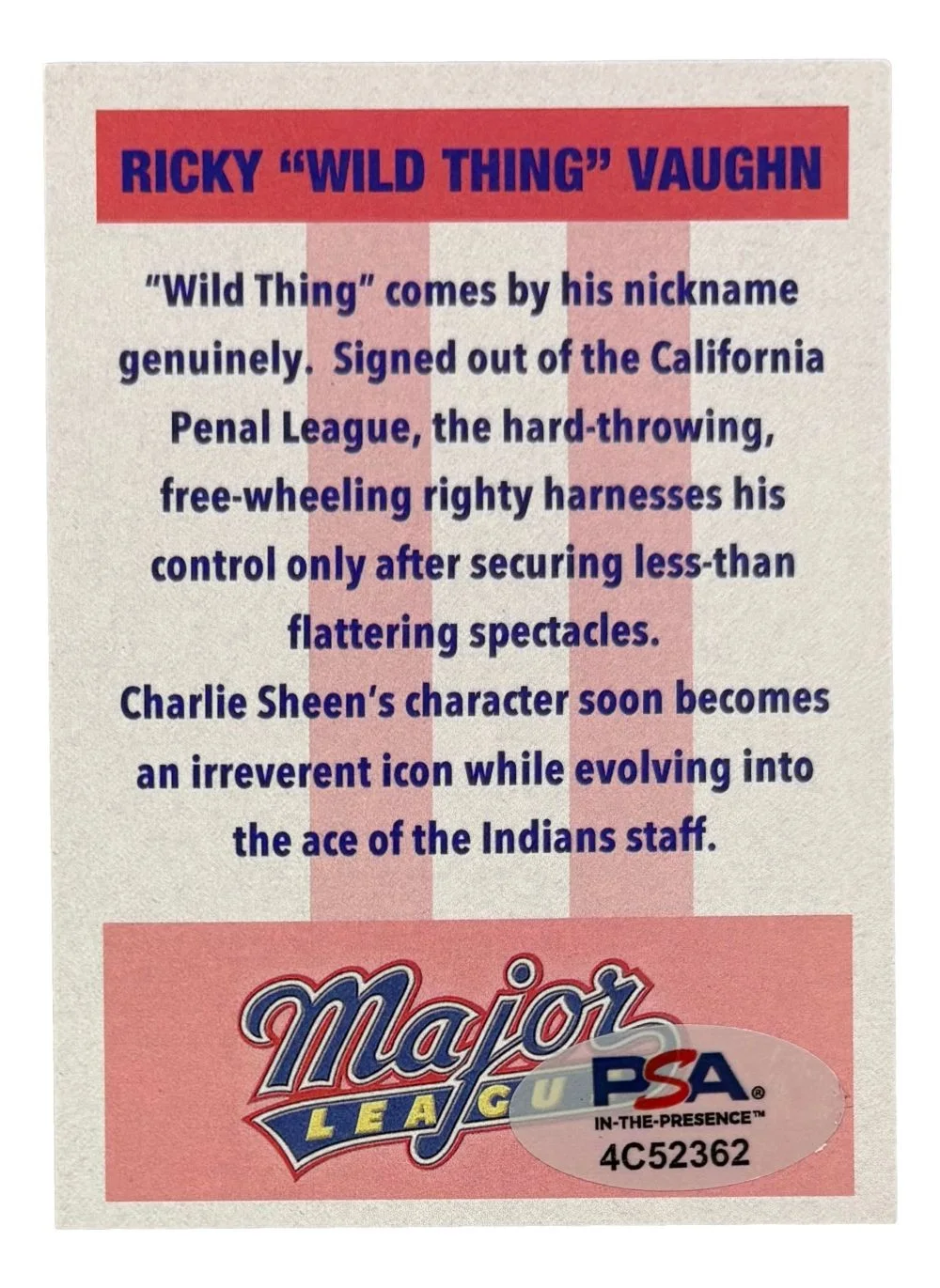 Charlie Sheen — Charlie Sheen Signed Major League Ricky Vaughn Custom Trading Card PSA/DNA Holo, изображение 2