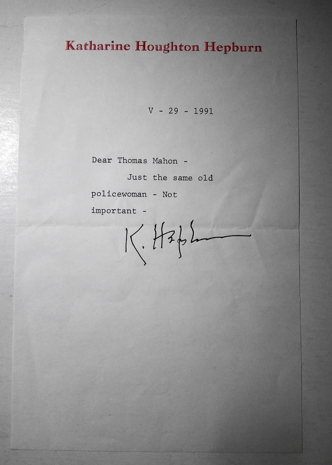 Katharine Hepburn — Katharine Hepburn SIGNED note. 1991. With envelope., изображение 2