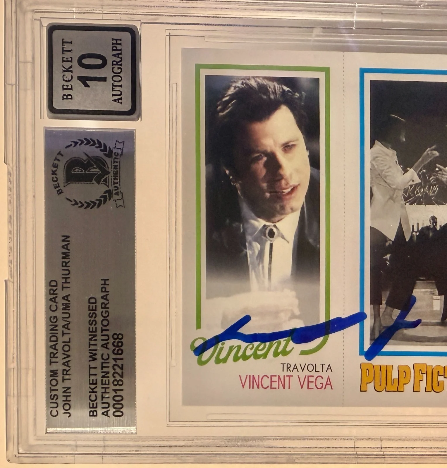 John Travolta, Uma Thurman — Custom Card Pulp Fiction #94 Signed John Travolta Uma Thurman Beckett AUTO 10, image 3