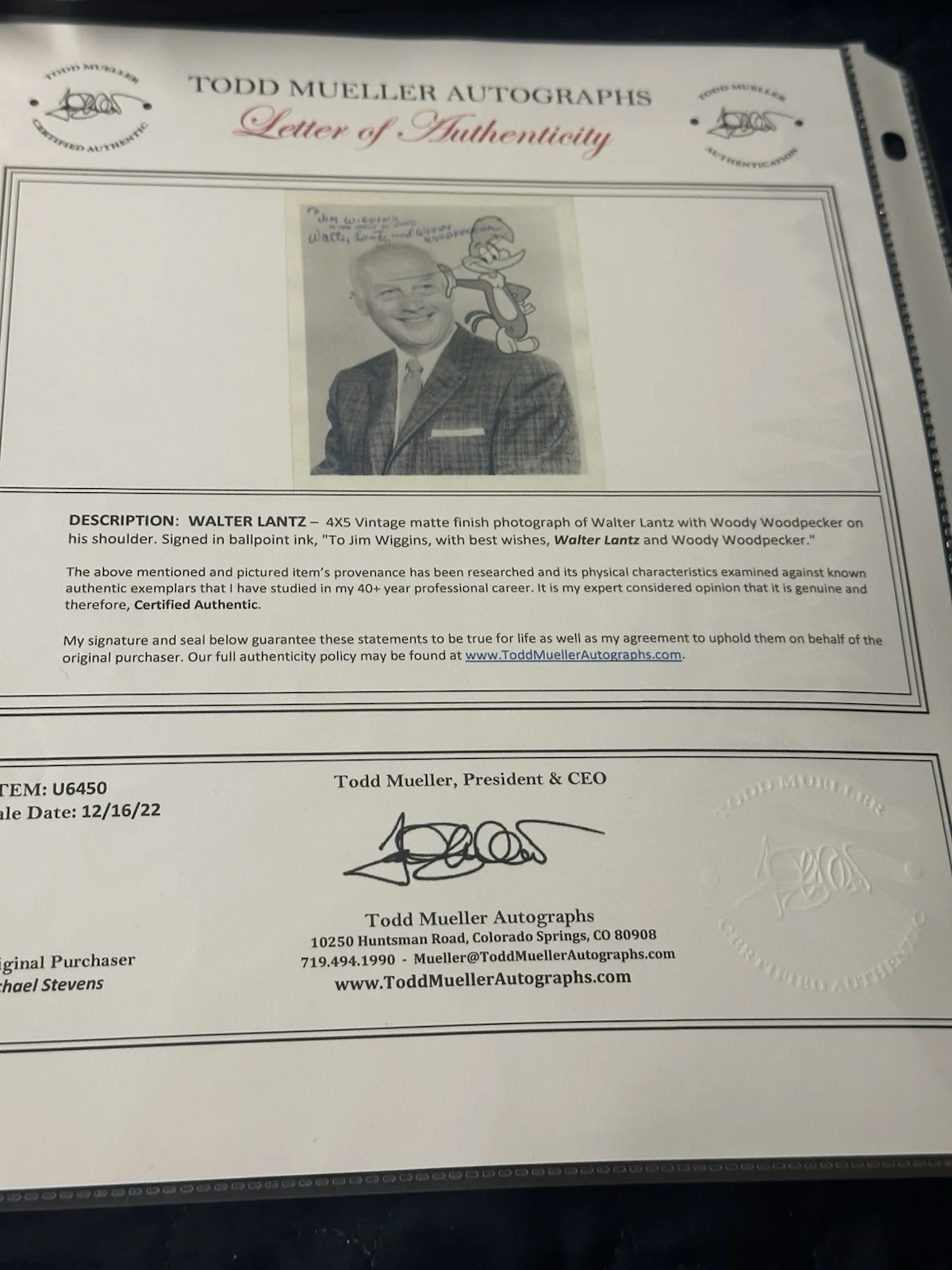 Walter Lantz — Walter Lantz Hand Signed Photo + Original Envelope 5"X7" + hand signes COA, image 2