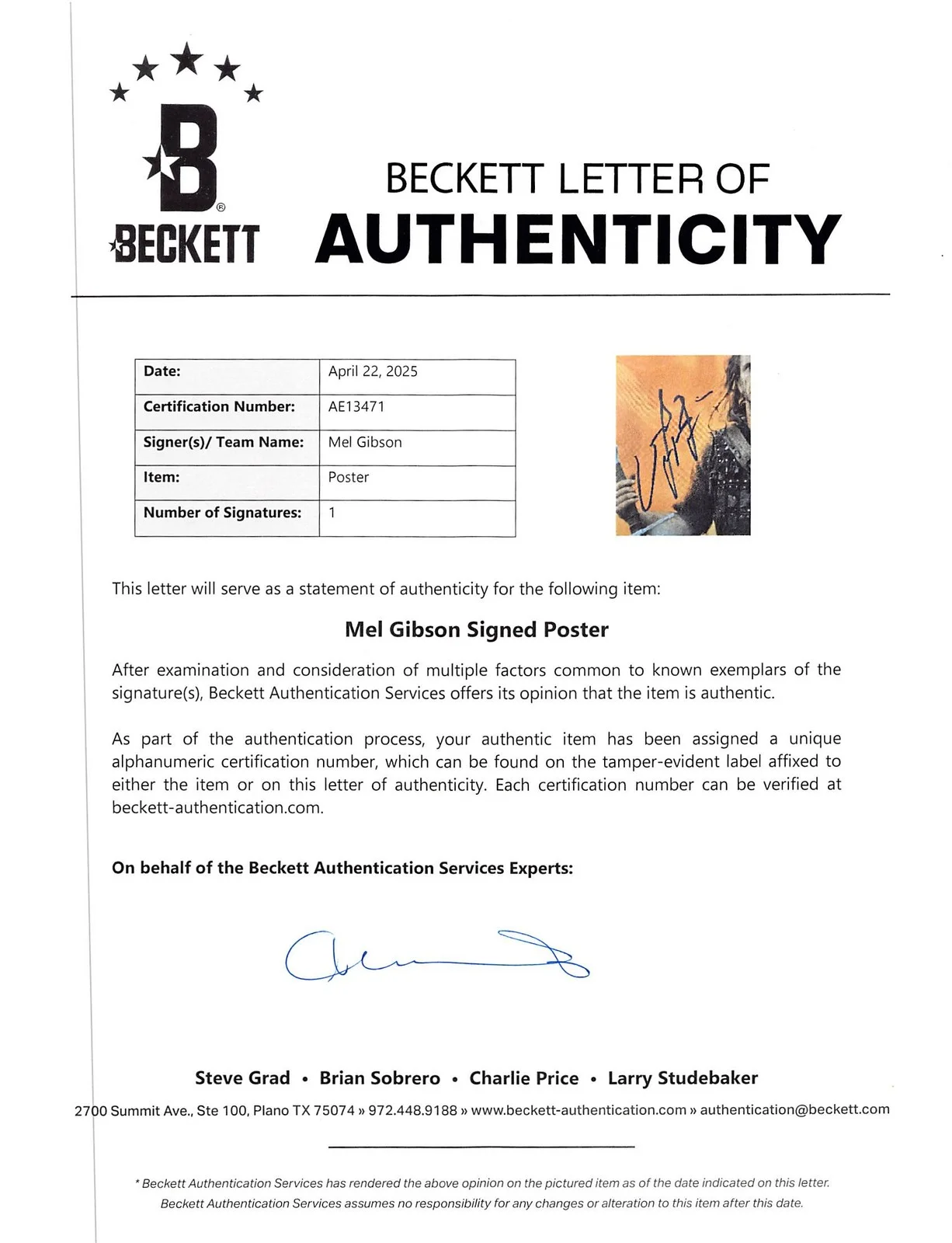 Mel Gibson — Mel Gibson Braveheart Authentic Signed 11x17 Mini Movie Poster Photo BAS, изображение 3