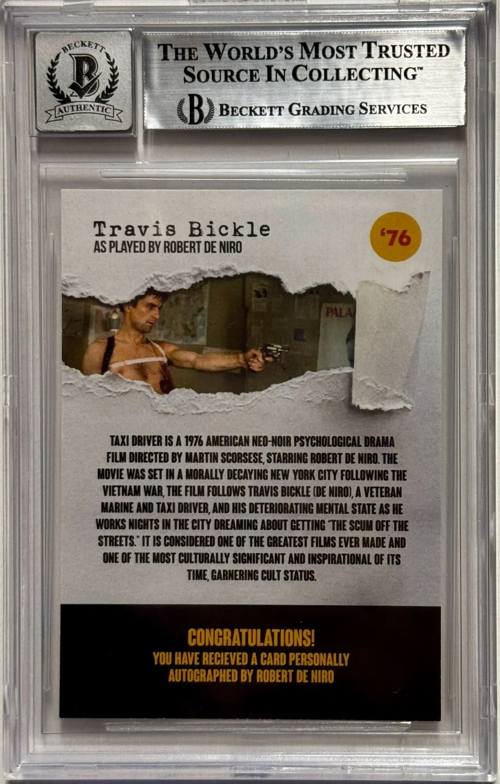 Robert De Niro — Robert De Niro Signed Taxi Driver Custom Trading Card Beckett Witnessed Auto 10, image 2