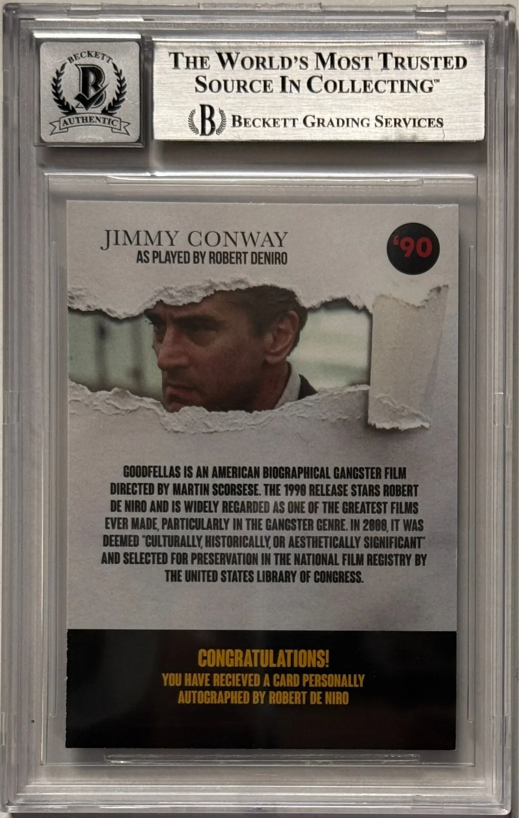 Robert De Niro — Robert De Niro Signed Goodfellas Custom Trading Card Beckett Witnessed Auto 10, изображение 5
