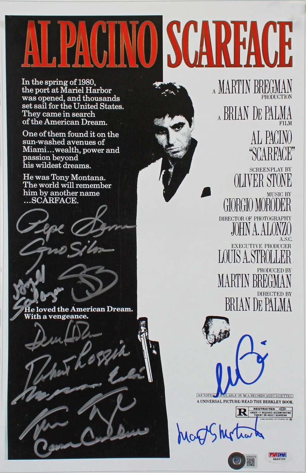 Al Pacino, Pepe Serna, Geno Silva, Steven Bauer, Dennis Holahan — Scarface (11) Pacino, Bauer, Loggia +8 Signed 12x18 Mini Movie Poster Photo BAS