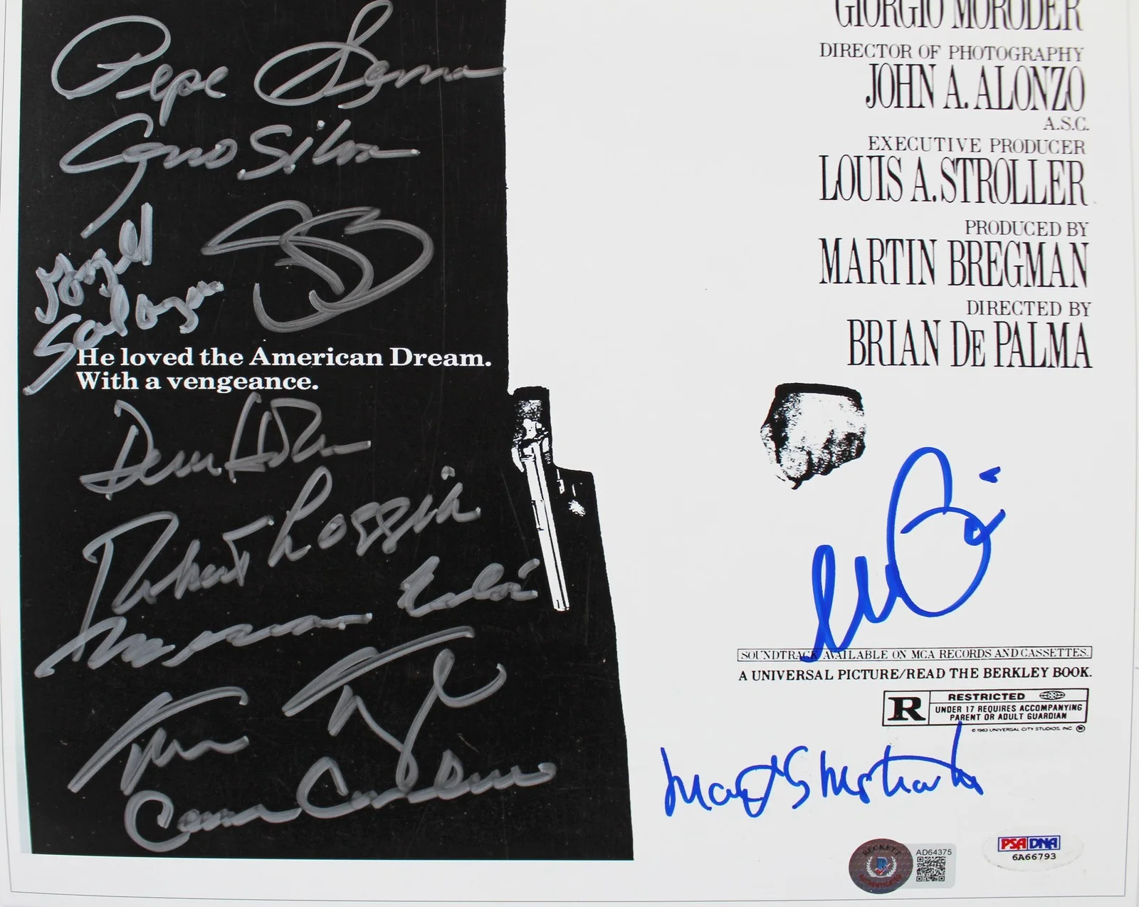 Al Pacino, Pepe Serna, Geno Silva, Steven Bauer, Dennis Holahan — Scarface (11) Pacino, Bauer, Loggia +8 Signed 12x18 Mini Movie Poster Photo BAS, изображение 2