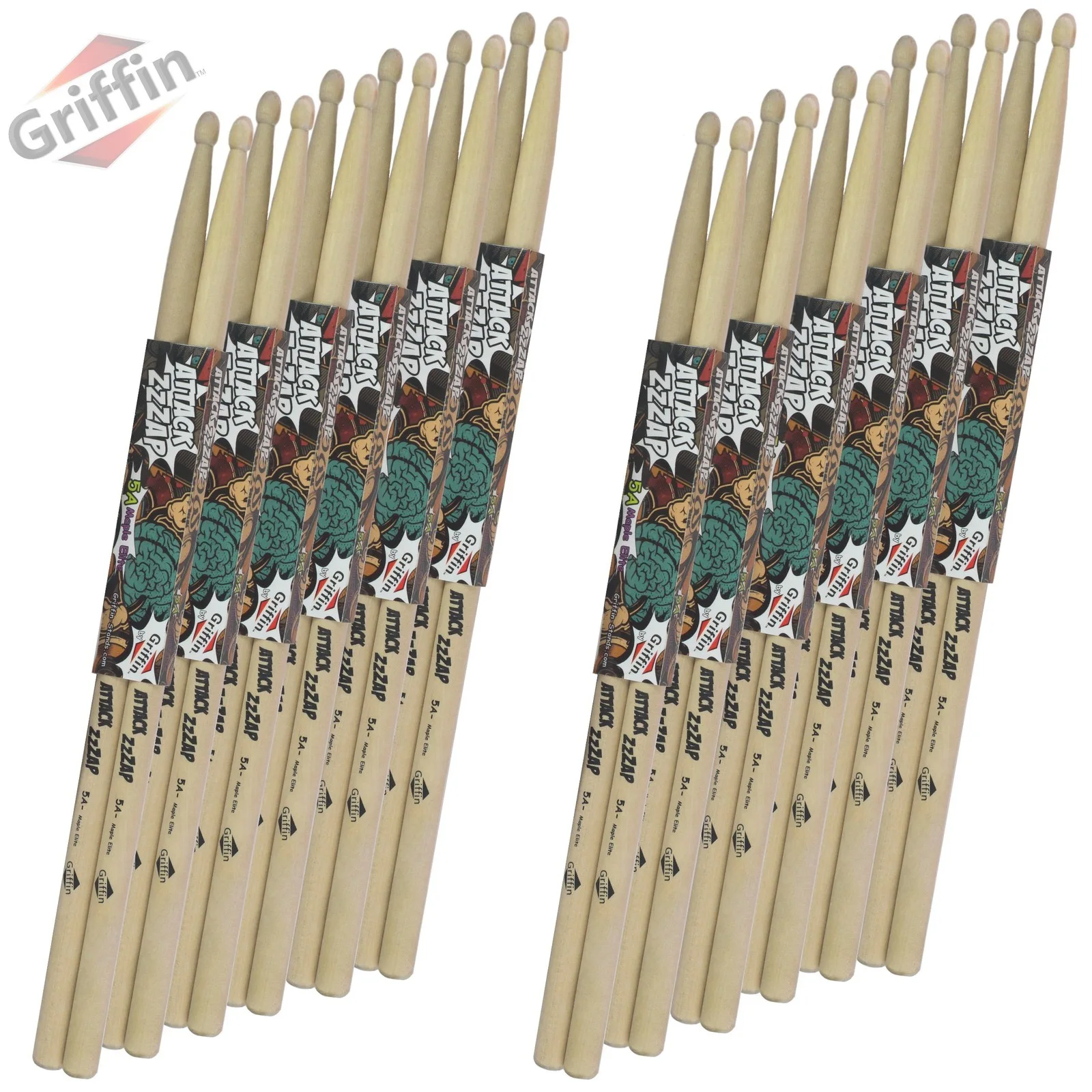 Drum Sticks -12 Pairs Attack Zzap by GRIFFIN - 5A Maple Wood Percussion Drumming, image 2