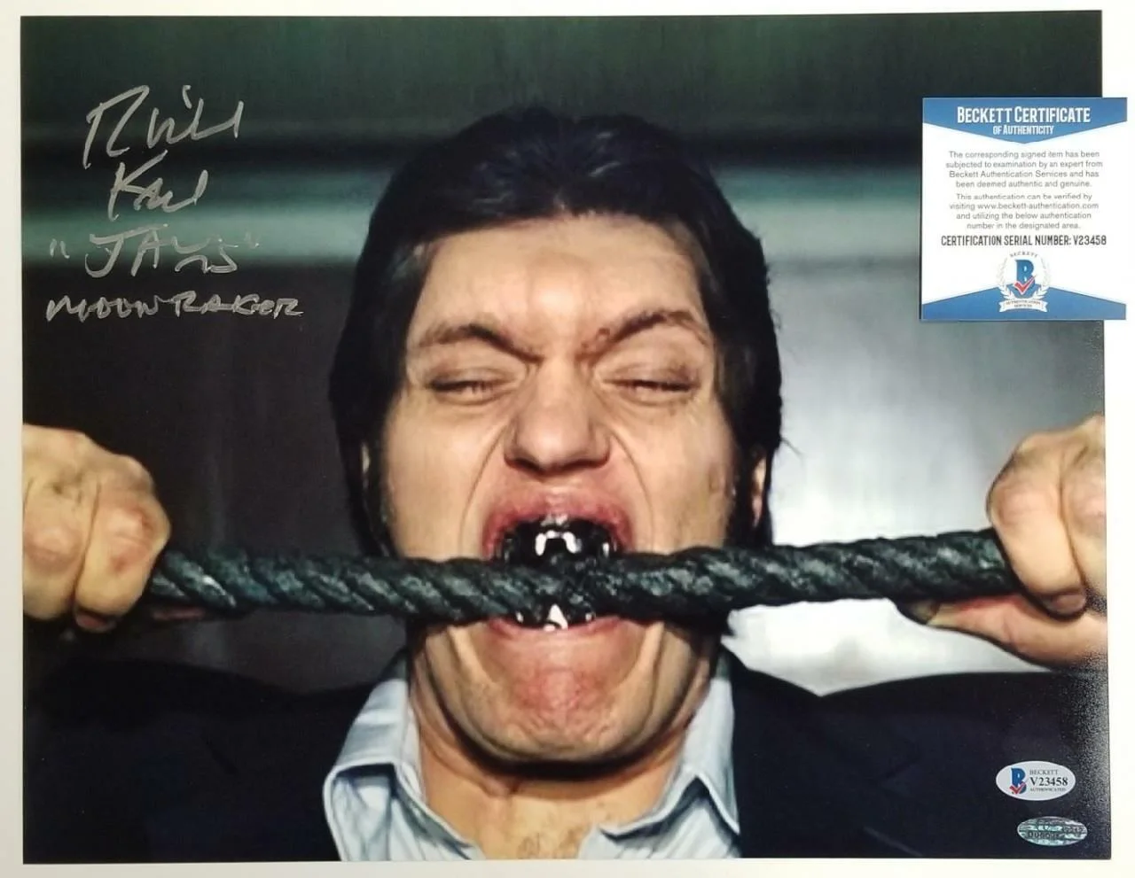 Richard Kiel — Richard Kiel signed "Jaws" 11x14 #1 Moonraker Autograph + Inscription ~ BAS COA