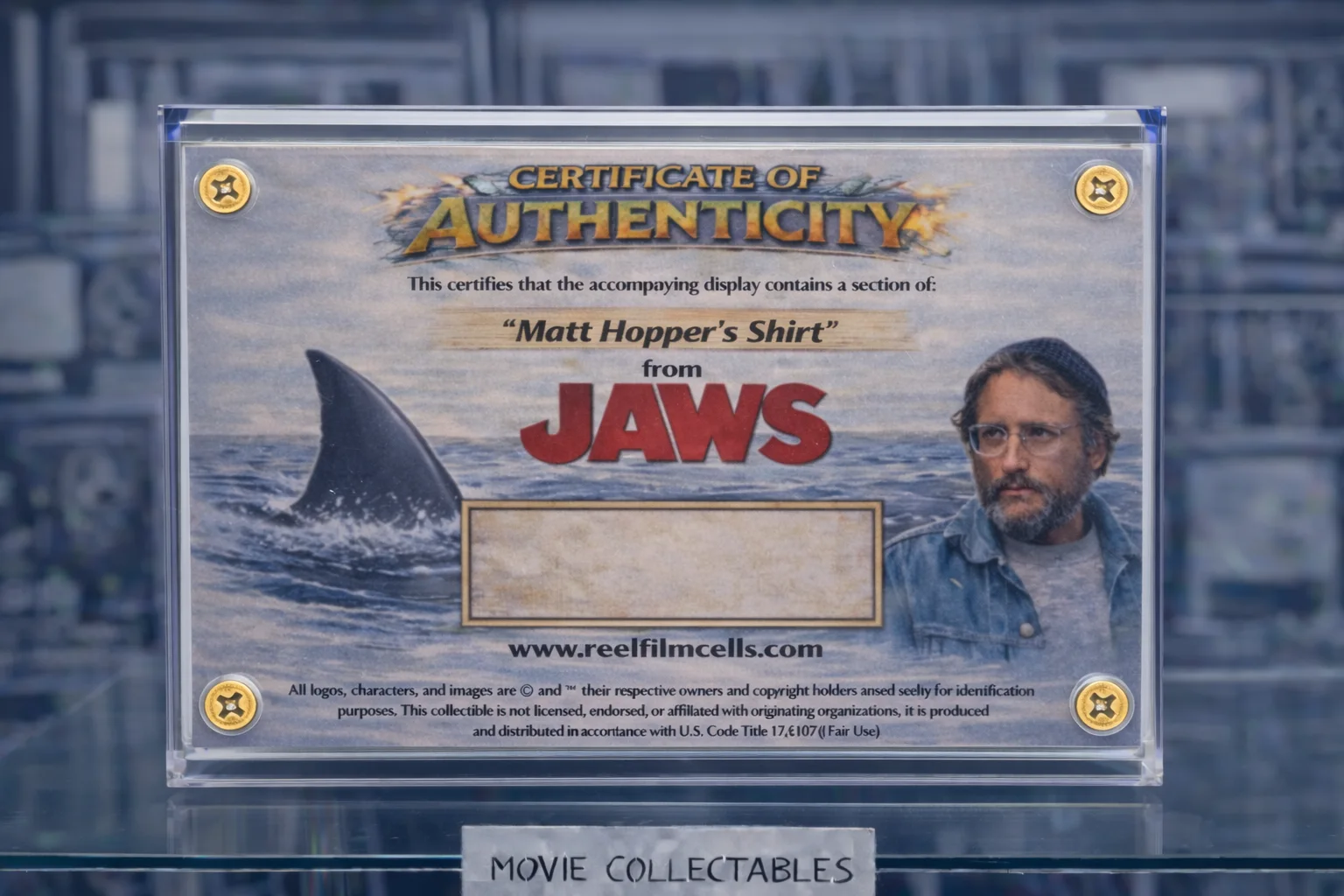 Screen-Used Matt Hooper Shirt Swatch – Jaws Movie Prop Display – With COA, image 2