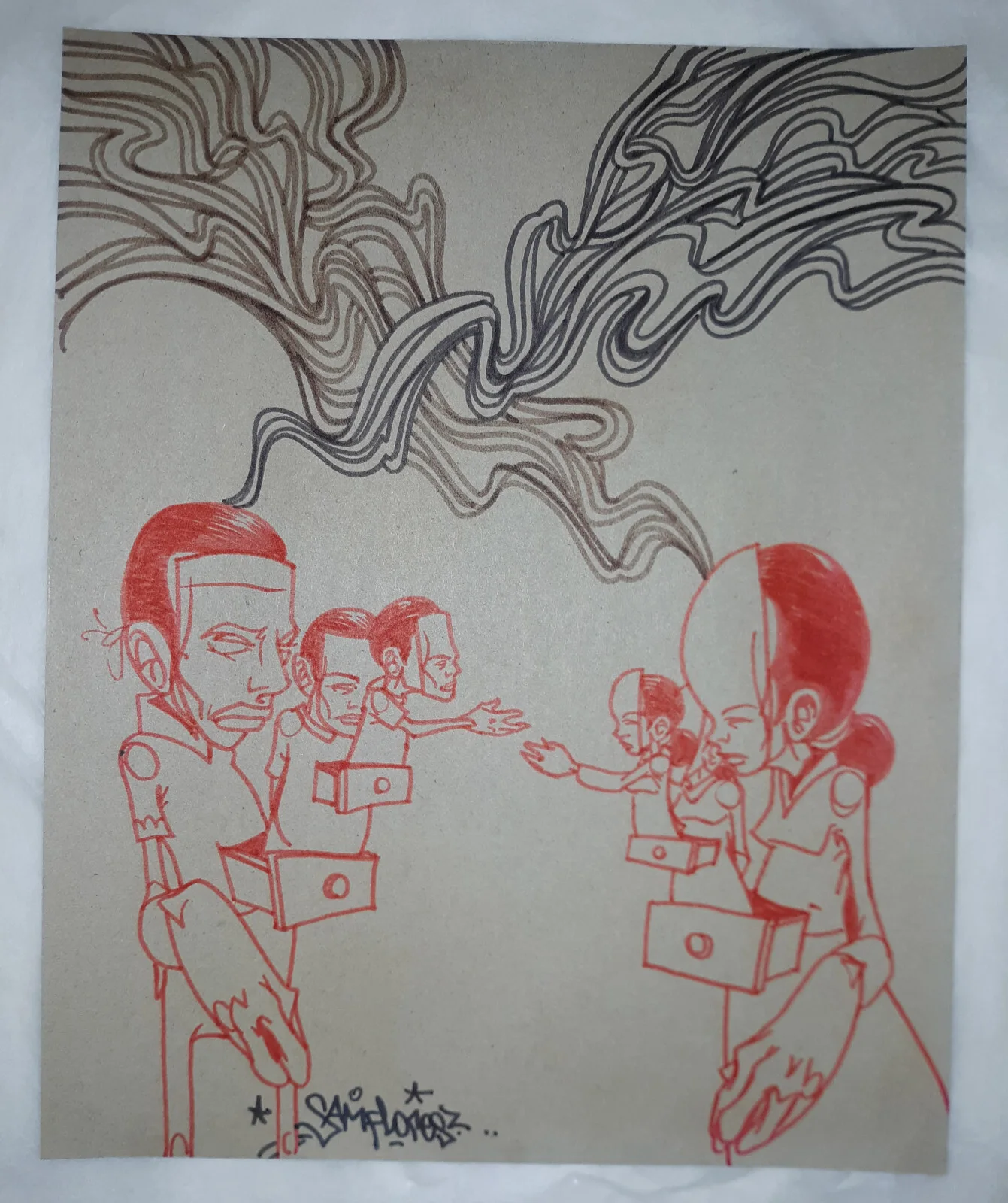 Sam Flores — Sam Flores Art Hand Drawn Signed Sketch on Back of Photo Frame Cardboard 8 x 10, image 2