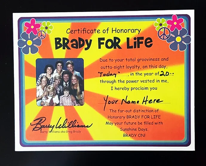 Barry Williams — Honorary Brady 4 Life Certificate!, image 2