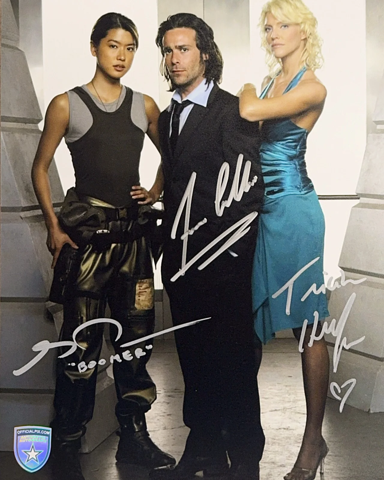 Grace Park, James Callis, Tricia Helfer — Signed Grace Park, James Callis, Tricia Helfer Battlestar Galactica 8x10 w/ COA
