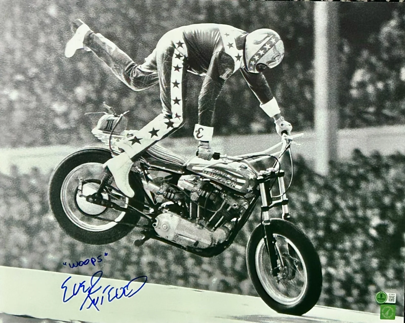 Evel Knievel — EVEL KNIEVEL AUTOGRAPHED 16x20 PHOTO BECKETT JUMPING WEMBLEY CRASH