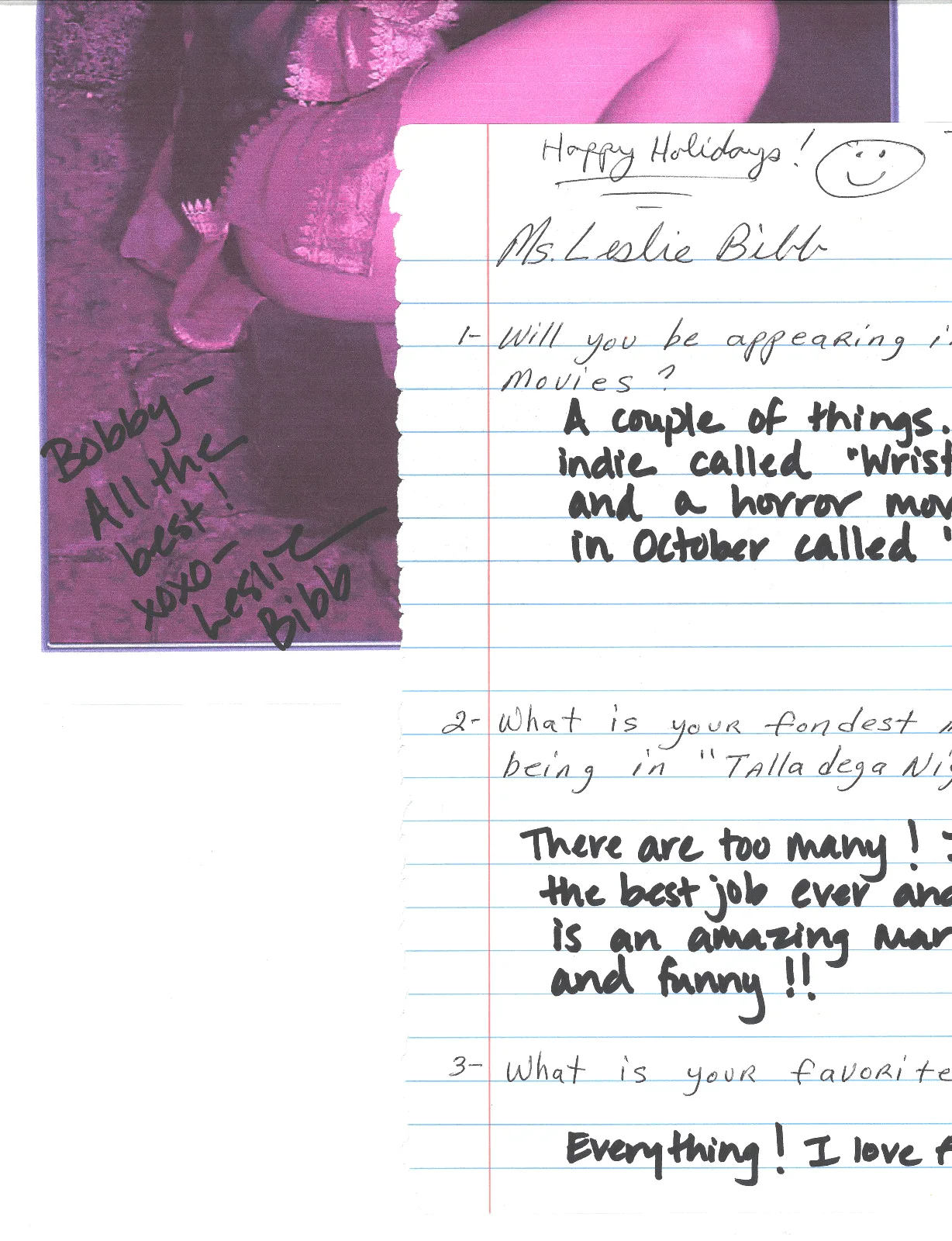 Leslie Bibb — Leslie Bibb Signed Pic & 1 of 1 Hand Written Fan Q&A Letter IRON MAN Autograph, image 3